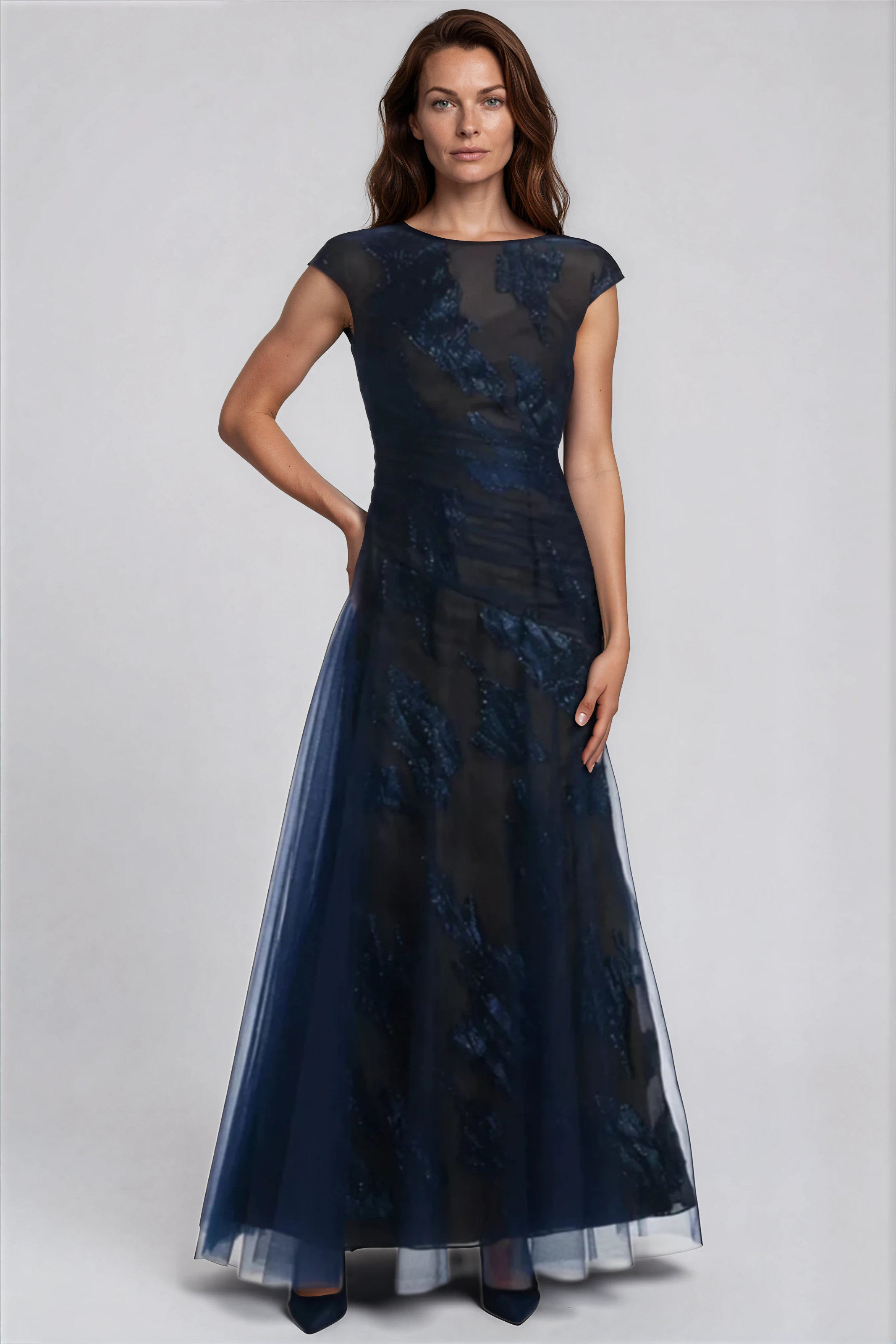 Cap Sleeve Illusion Fil Coupe Gown Gown Rene Ruiz Collection