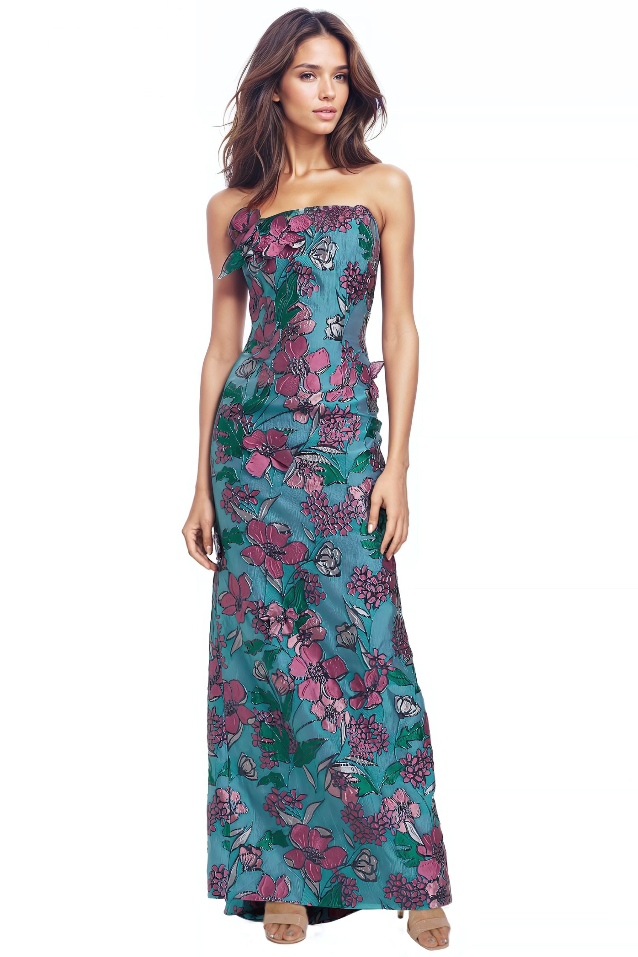 Strapless Floral Brocade Fit and Flare Gown With Floral Appliques Gown Rene Ruiz Collection