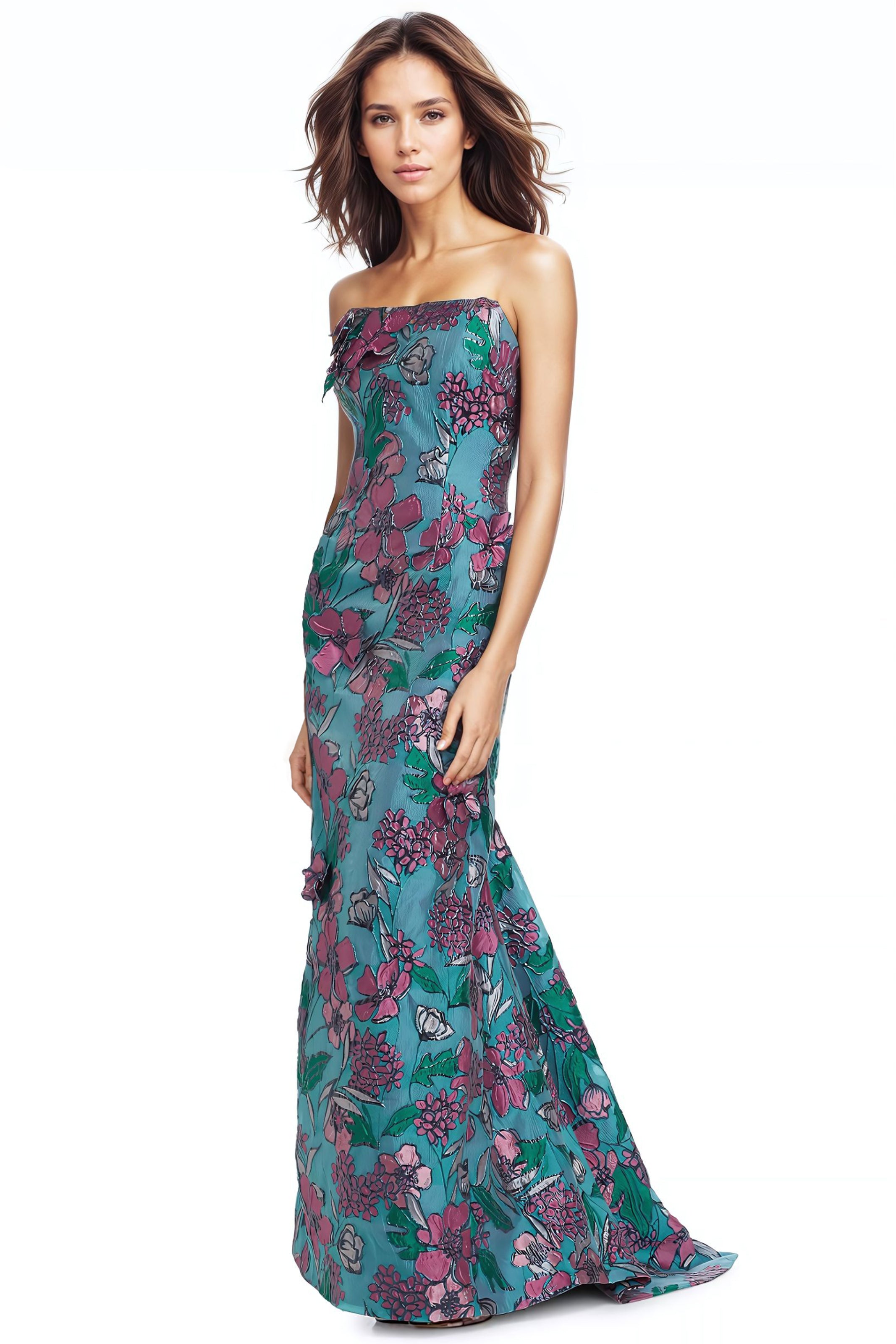 Strapless Floral Brocade Fit and Flare Gown With Floral Appliques Gown Rene Ruiz Collection