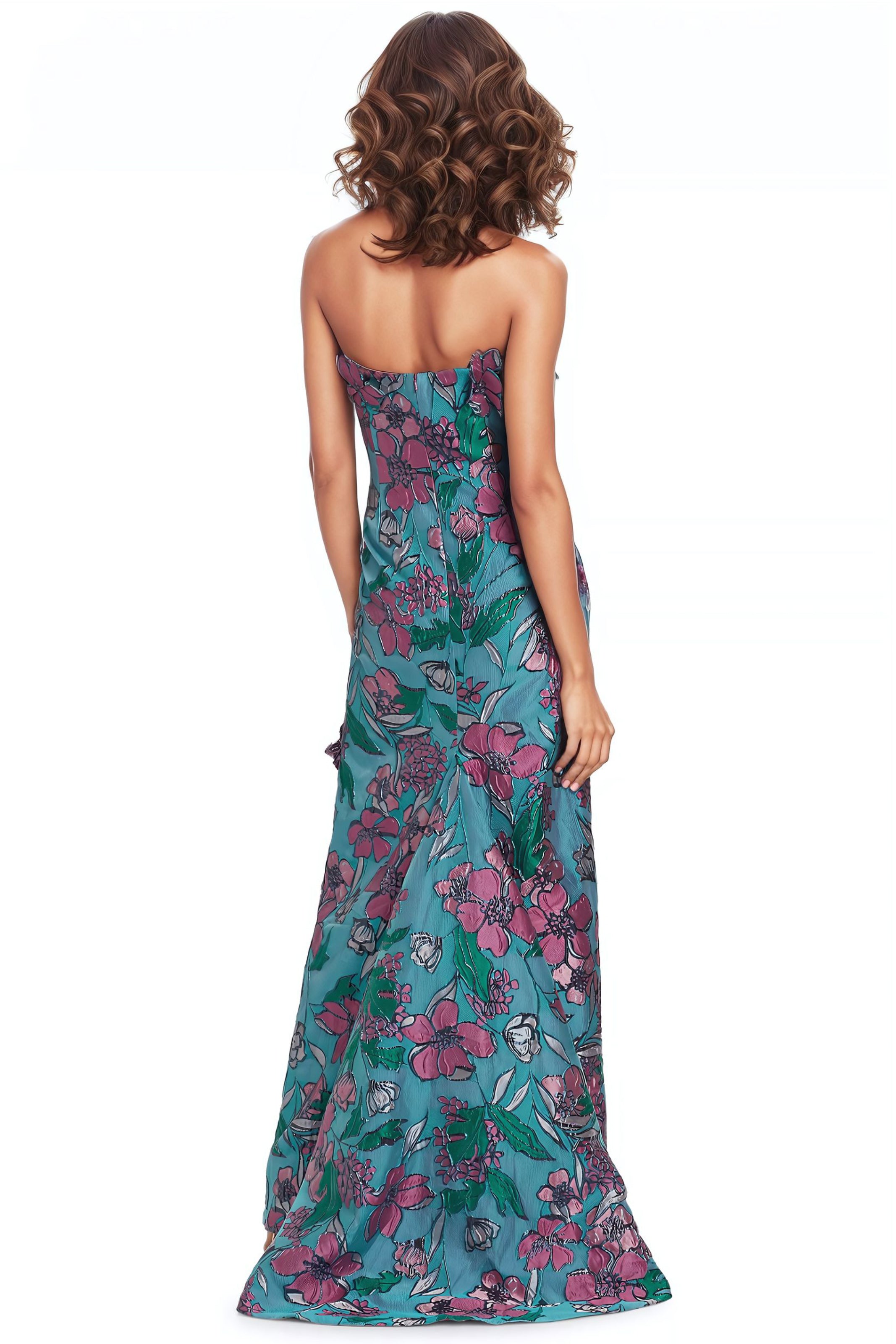 Strapless Floral Brocade Fit and Flare Gown With Floral Appliques Gown Rene Ruiz Collection