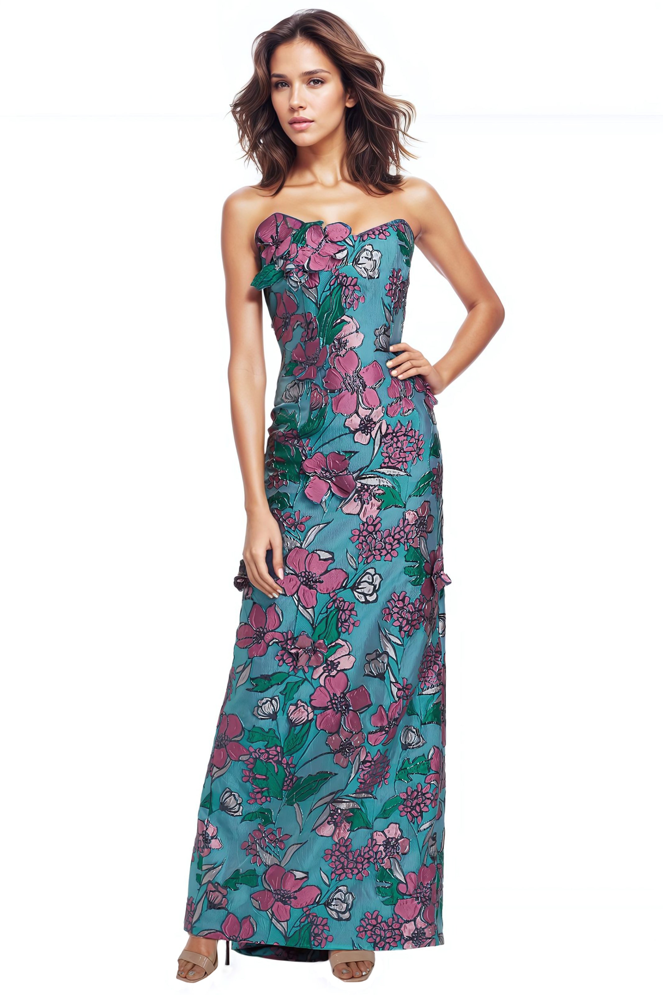 Strapless Floral Brocade Fit and Flare Gown With Floral Appliques Gown Rene Ruiz Collection