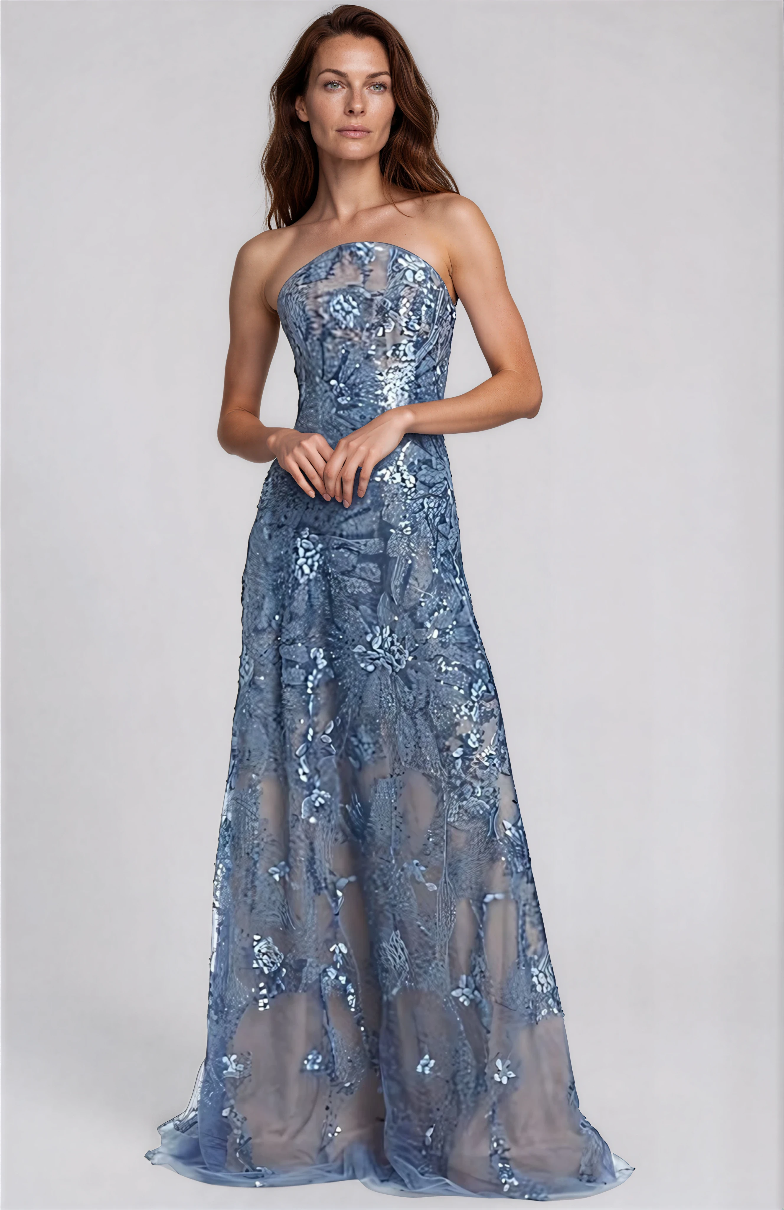 Floral Embroidered Strapless A-Line Gown Gown Rene Ruiz Collection