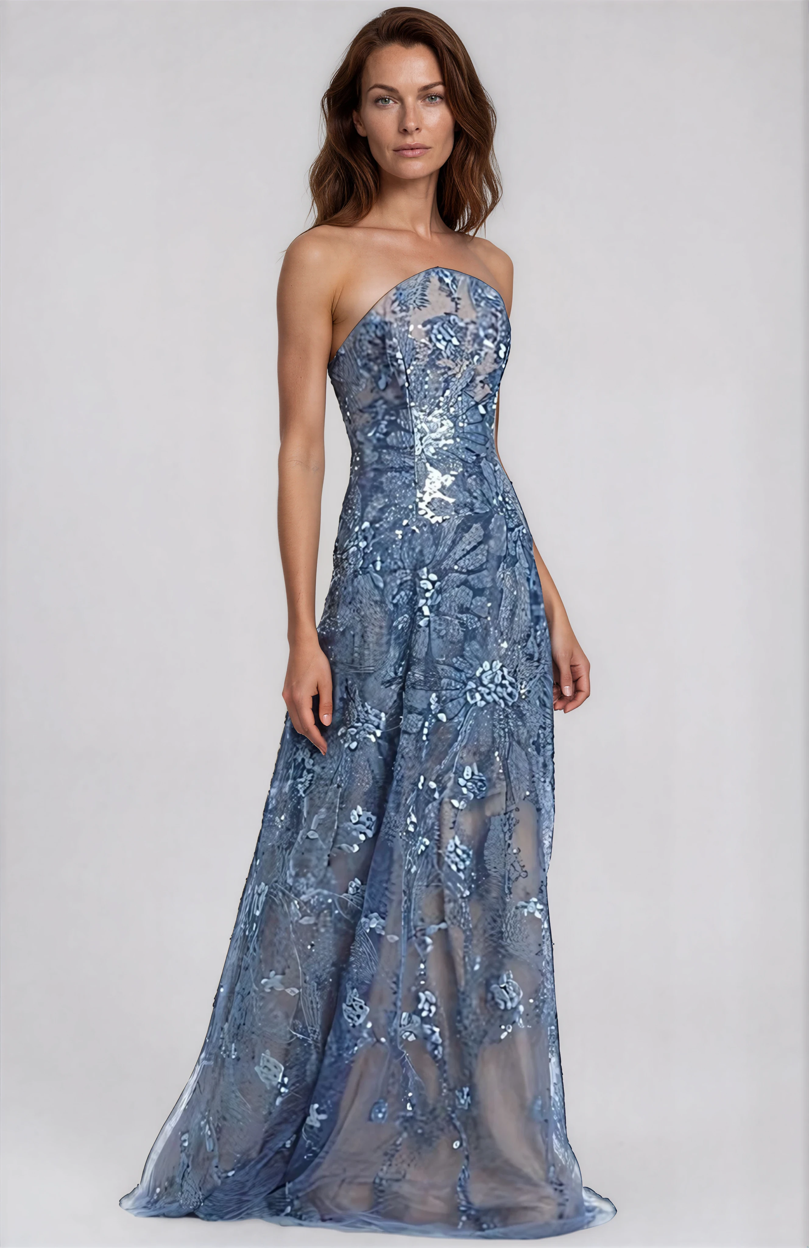 Floral Embroidered Strapless A-Line Gown (boca stock) Gown Rene Ruiz Collection