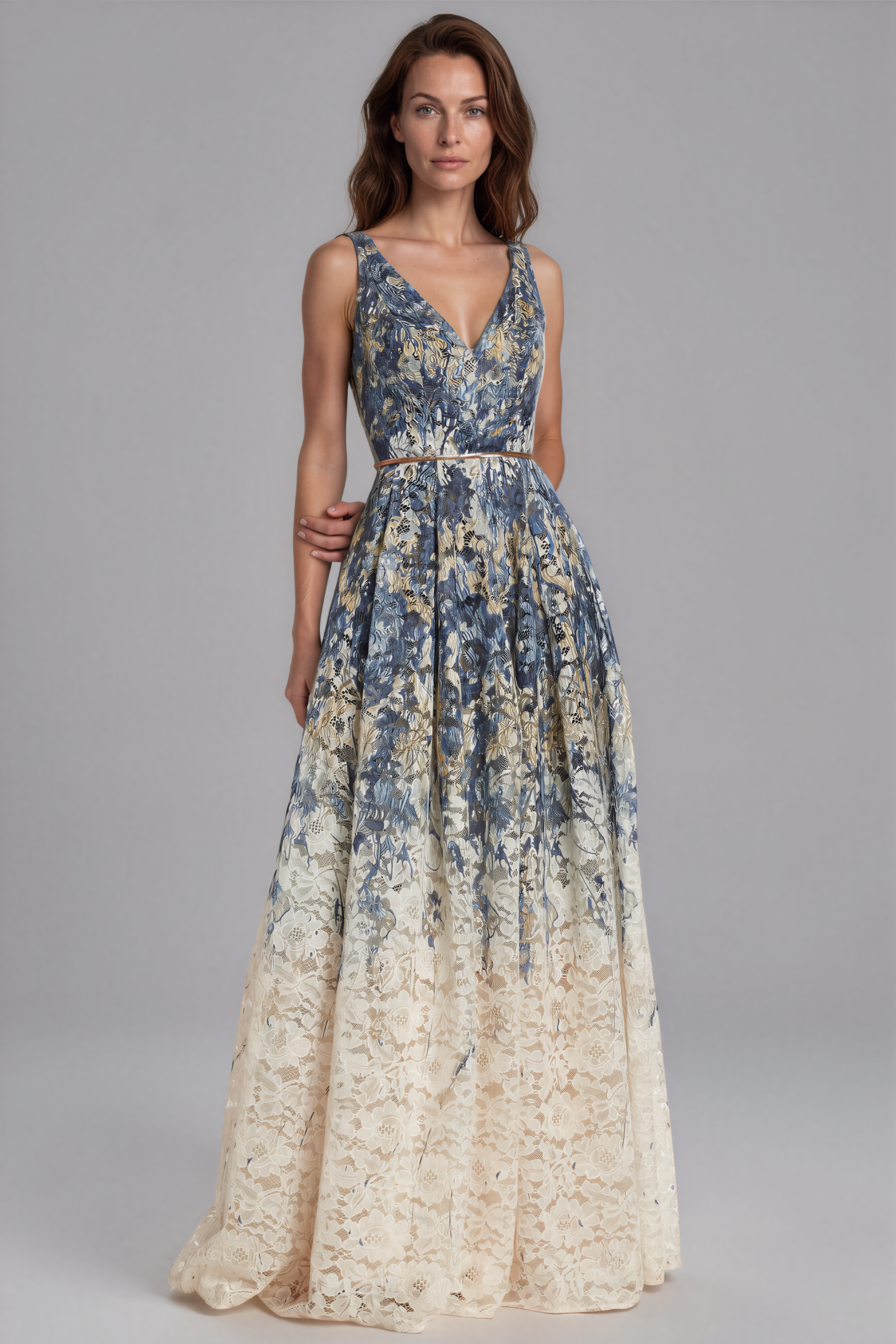 V-Neck Lace A-Line Gown Gown Rene Ruiz Collection