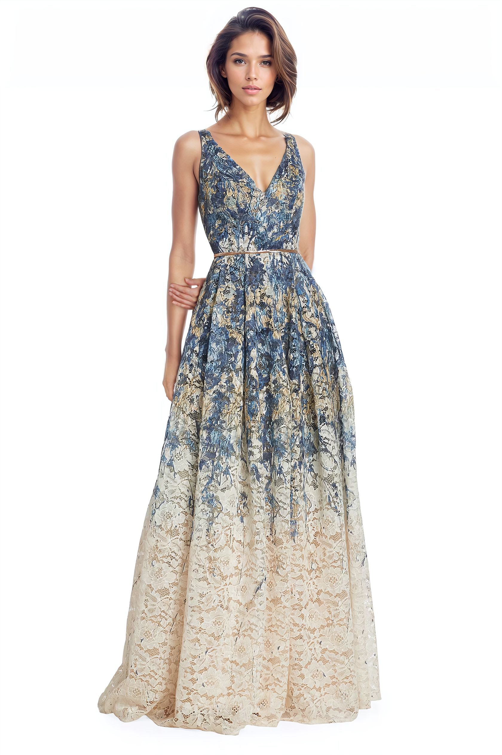 V-Neck Lace A-Line Gown Gown Rene Ruiz Collection
