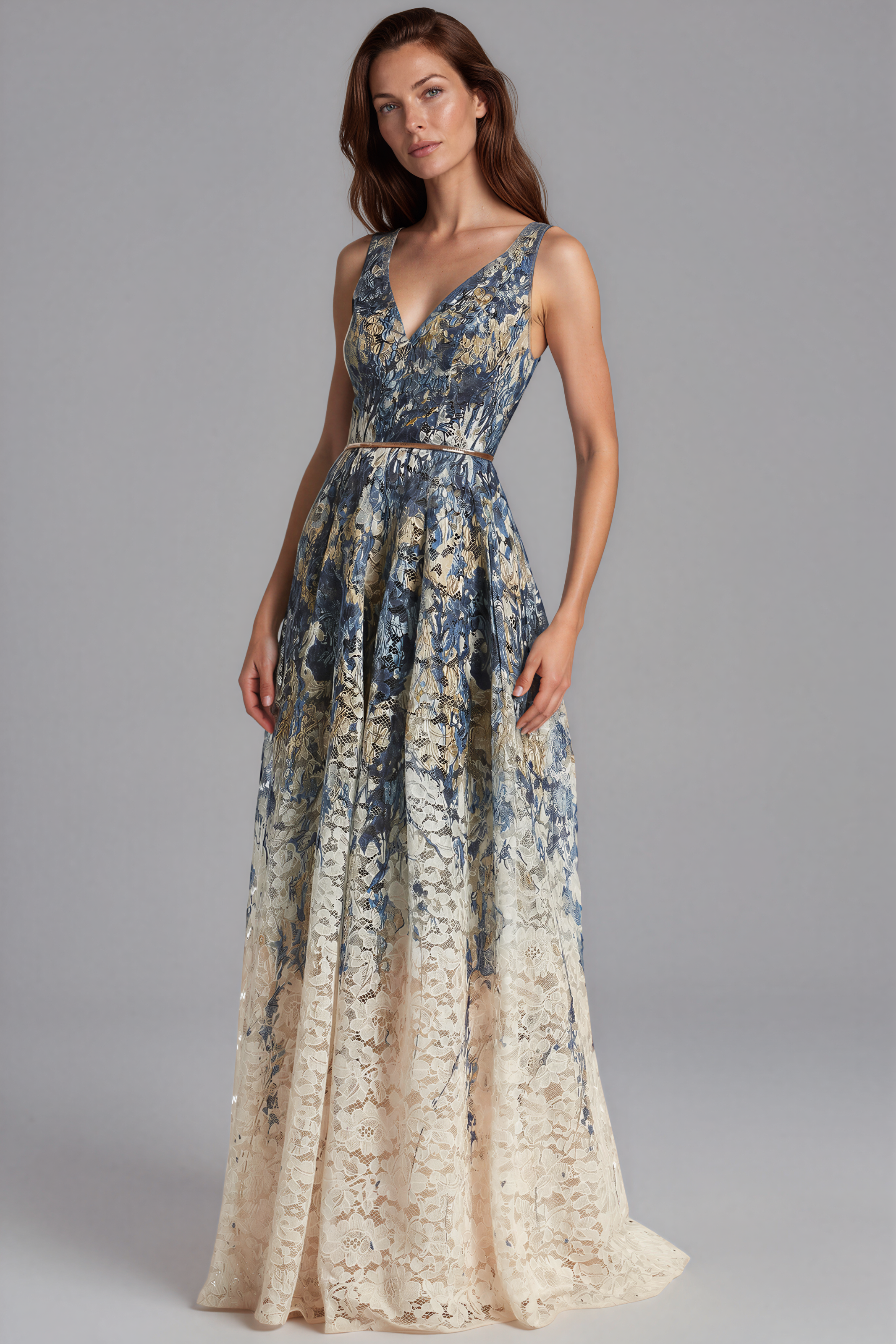 V-Neck Lace A-Line Gown Gown Rene Ruiz Collection