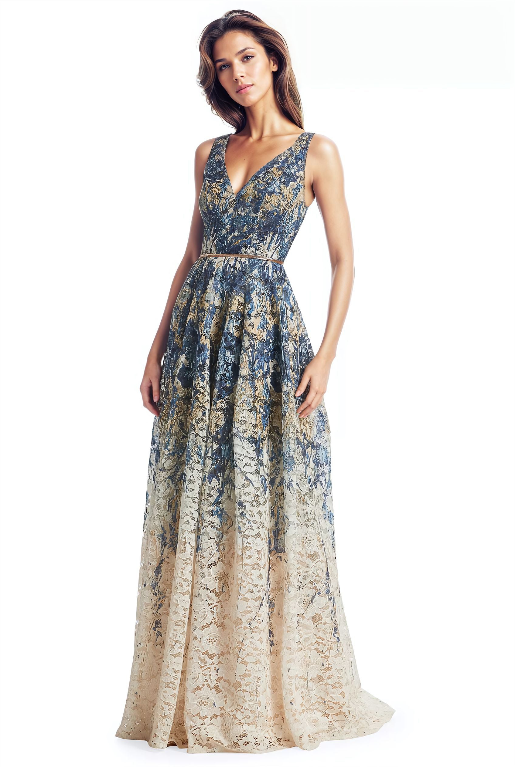 V-Neck Lace A-Line Gown Gown Rene Ruiz Collection