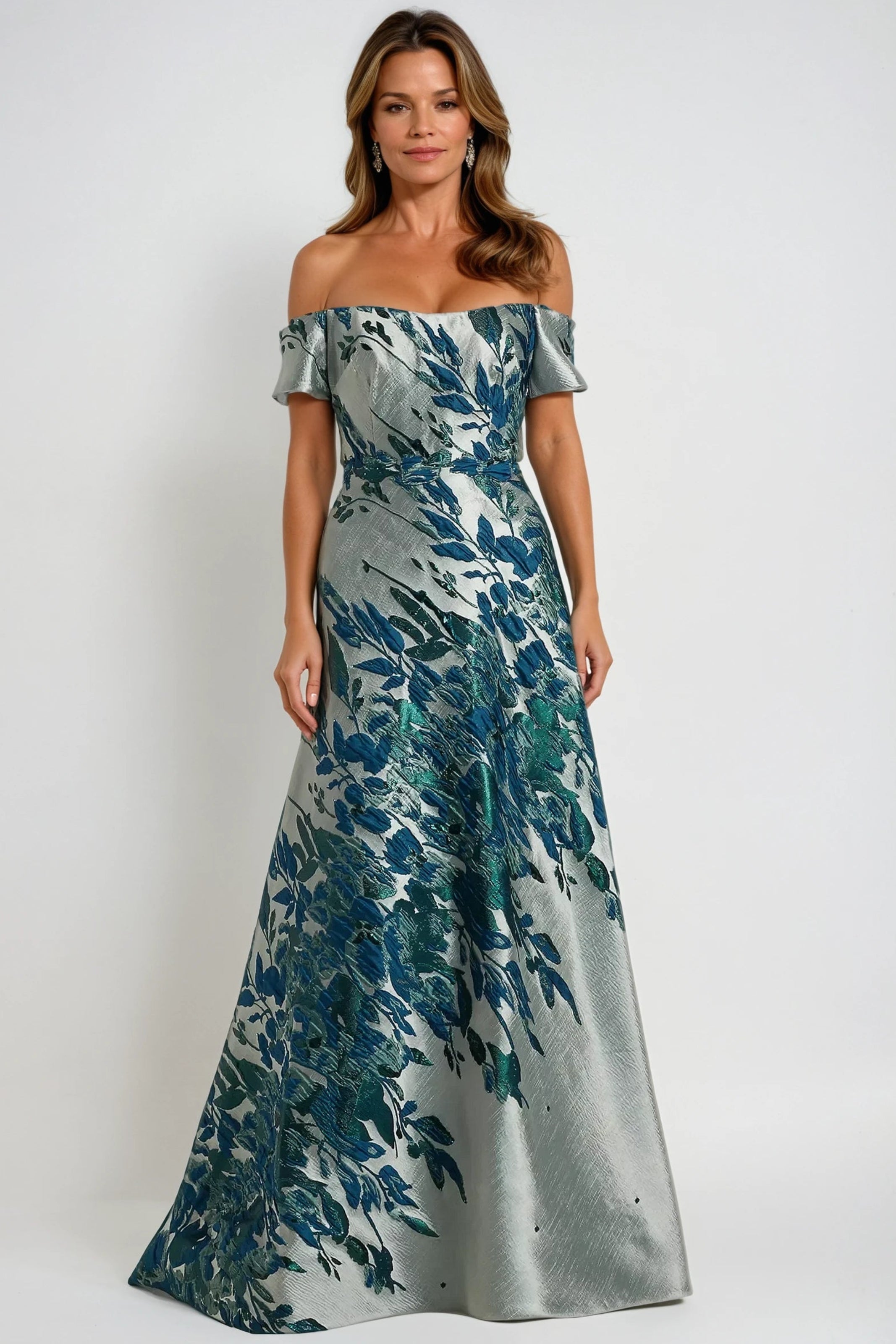 Off The Shoulder Bias Brocade Gown Gown Rene Ruiz Collection