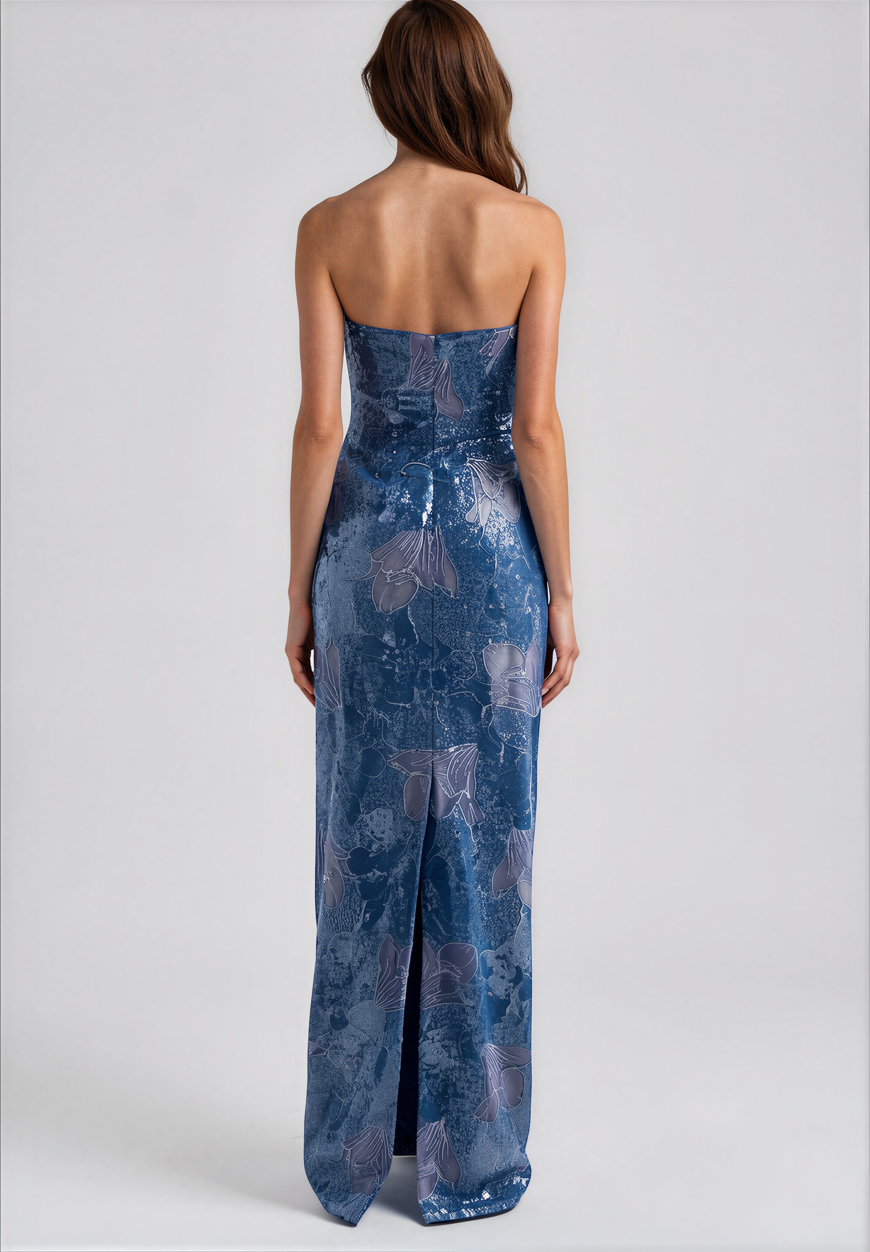 Embellished Floral Strapless Column Gown