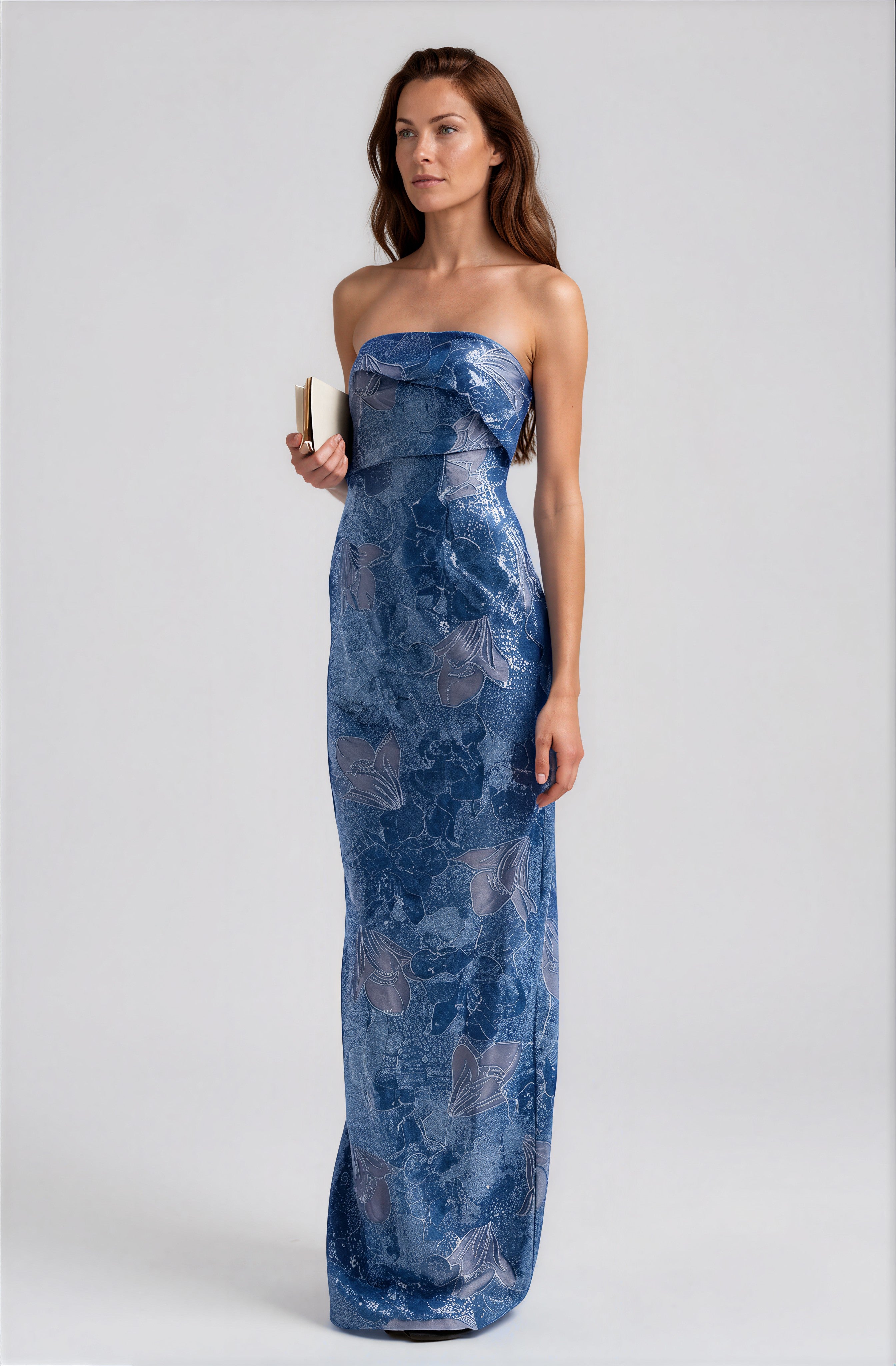 Embellished Floral Strapless Column Gown