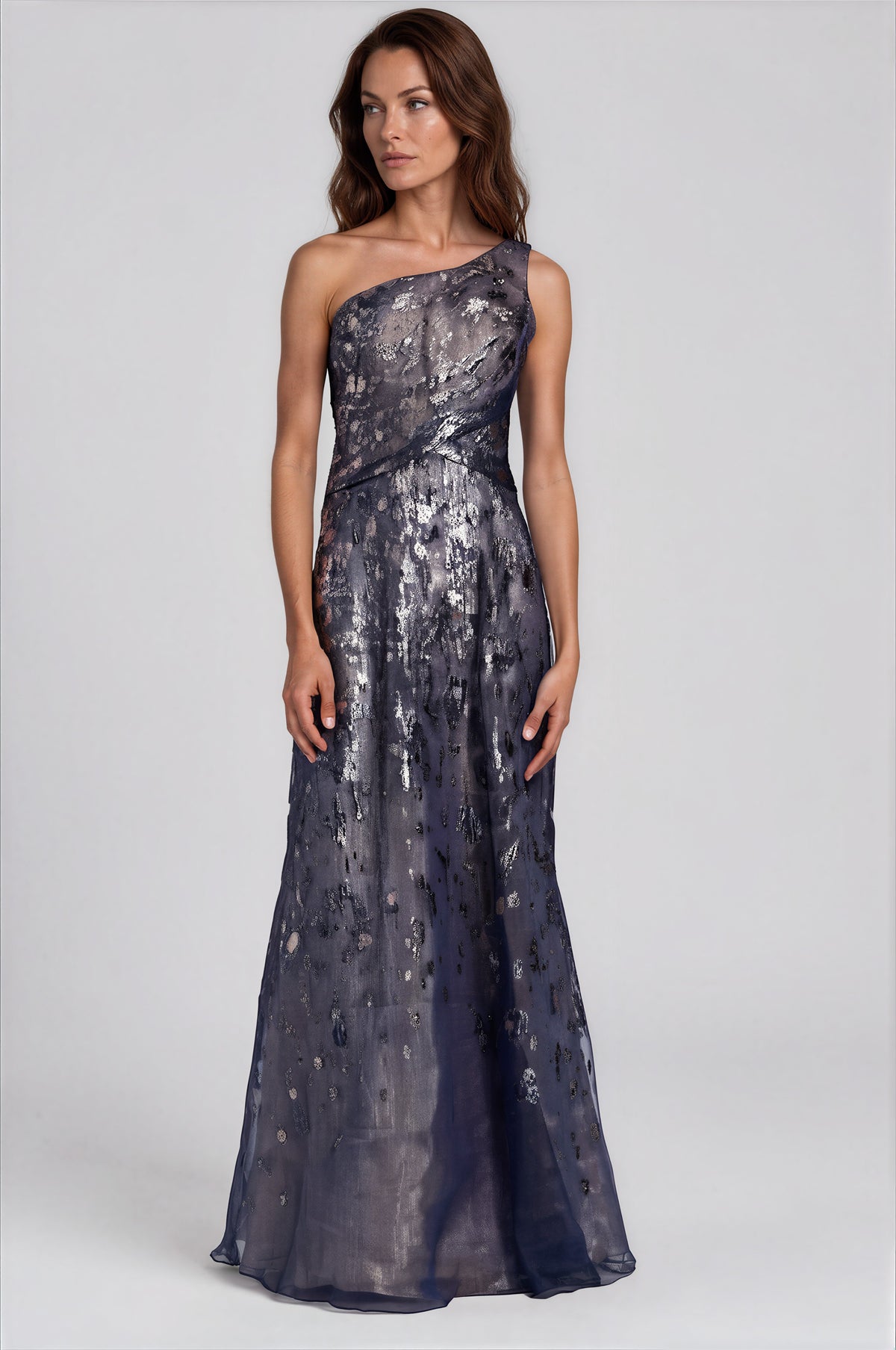 One Shoulder Metallic Floral Fil Coupé A-Line Gown Gown Rene Ruiz Collection