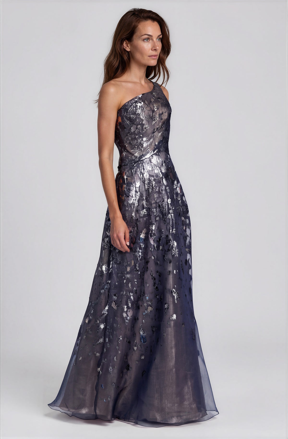 One Shoulder Metallic Floral Fil Coupé A-Line Gown Gown Rene Ruiz Collection