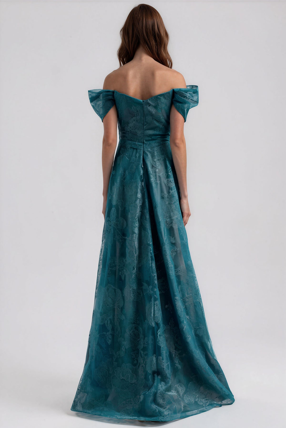 Off The Shoulder Floral Embroidered A-Line Gown with Flutter Sleeves Gown Rene Ruiz Collection