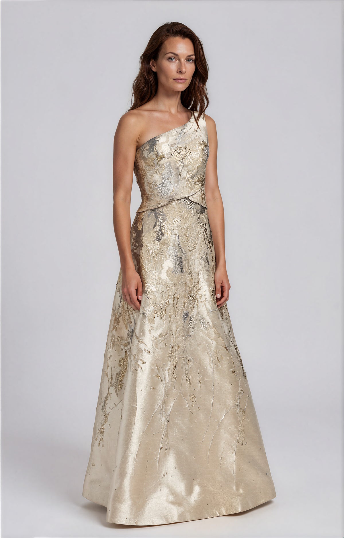 One Shoulder Brocade Metallic A-Line Gown Gown Rene Ruiz Collection