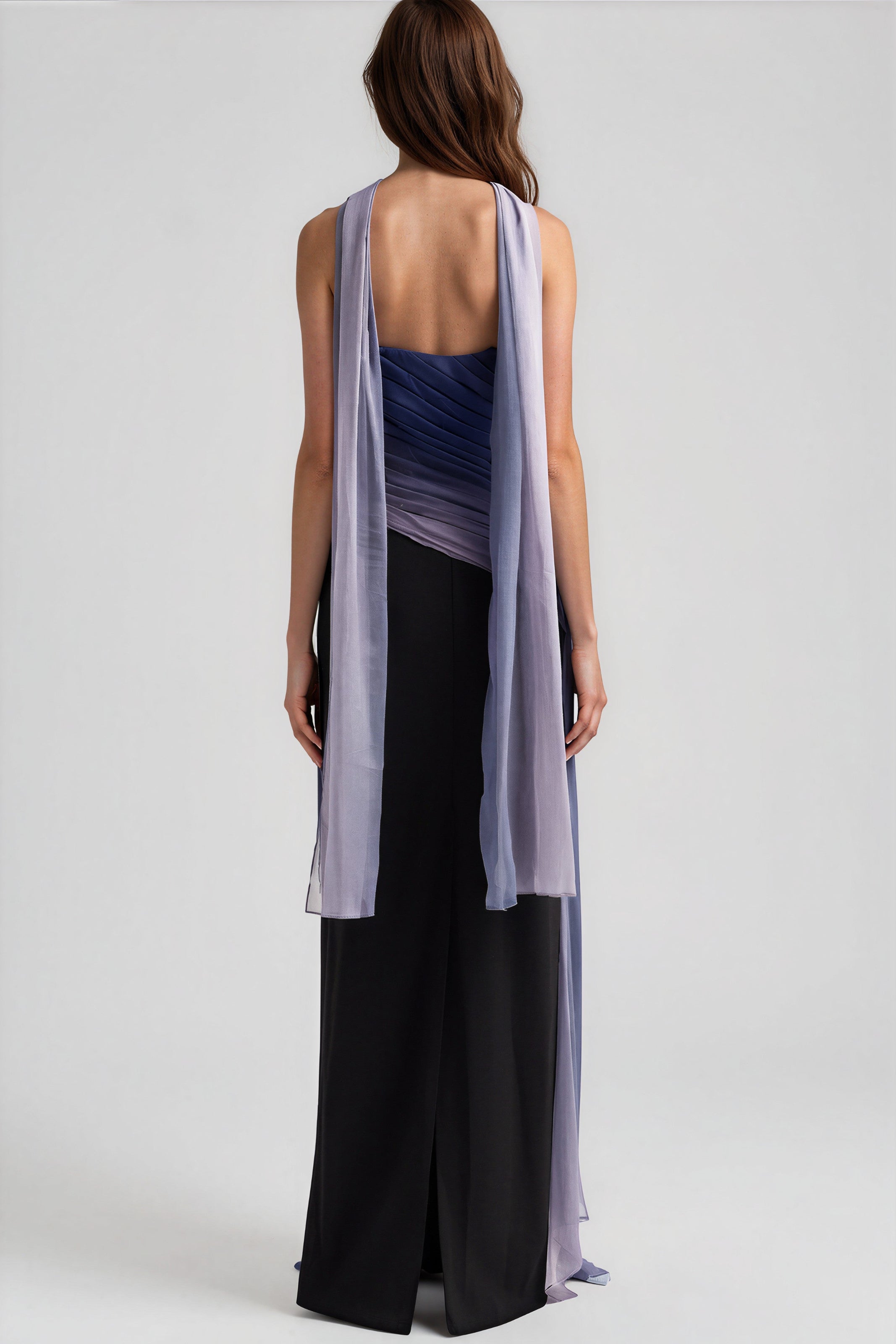 Strapless Draped Chiffon Column Gown with Scarf Detail Gown Rene Ruiz Collection