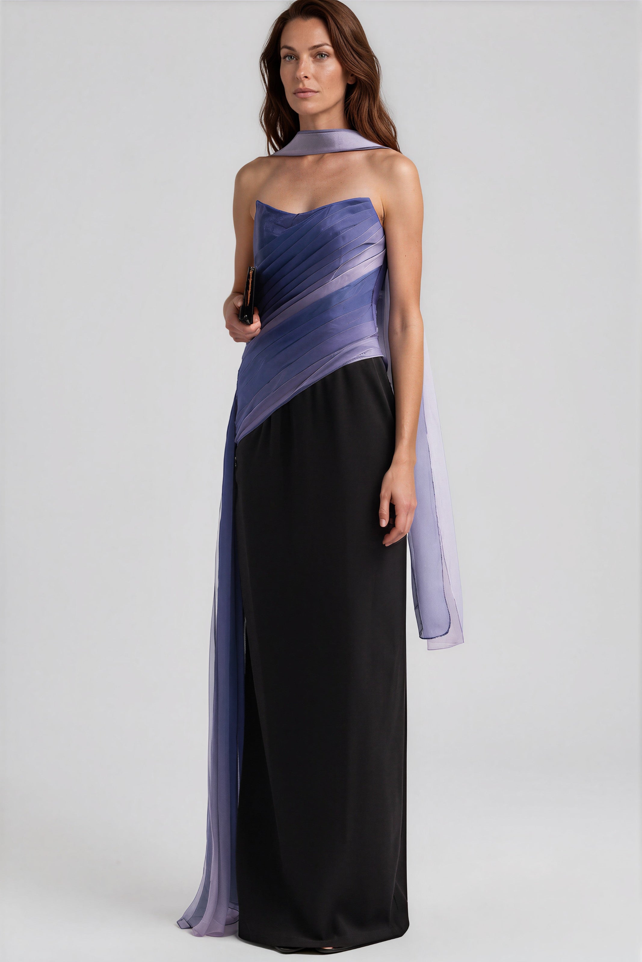 Strapless Draped Chiffon Column Gown with Scarf Detail Gown Rene Ruiz Collection