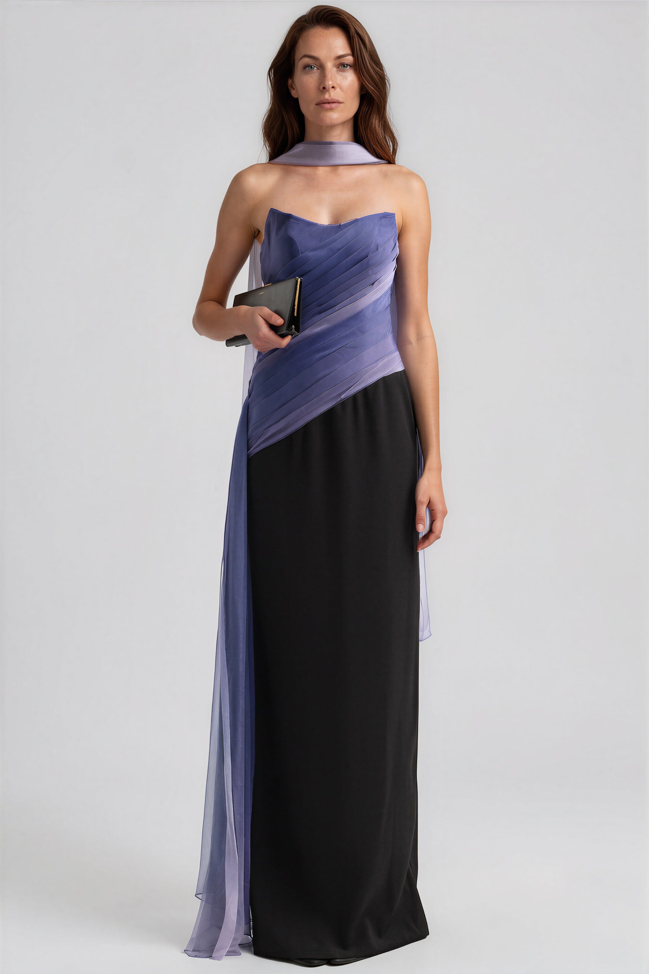 Strapless Draped Chiffon Column Gown with Scarf Detail Gown Rene Ruiz Collection