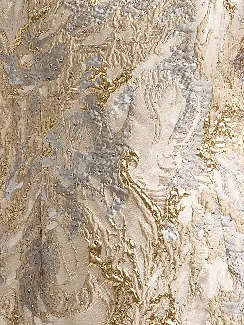 Off The Shoulder Metallic Brocade Fit And Flare Gown Gown Rene Ruiz Collection
