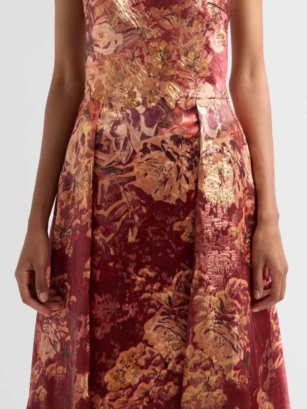 Strapless Metallic Jacquard Pleated Skirt A-Line Gown Gown Rene Ruiz Collection