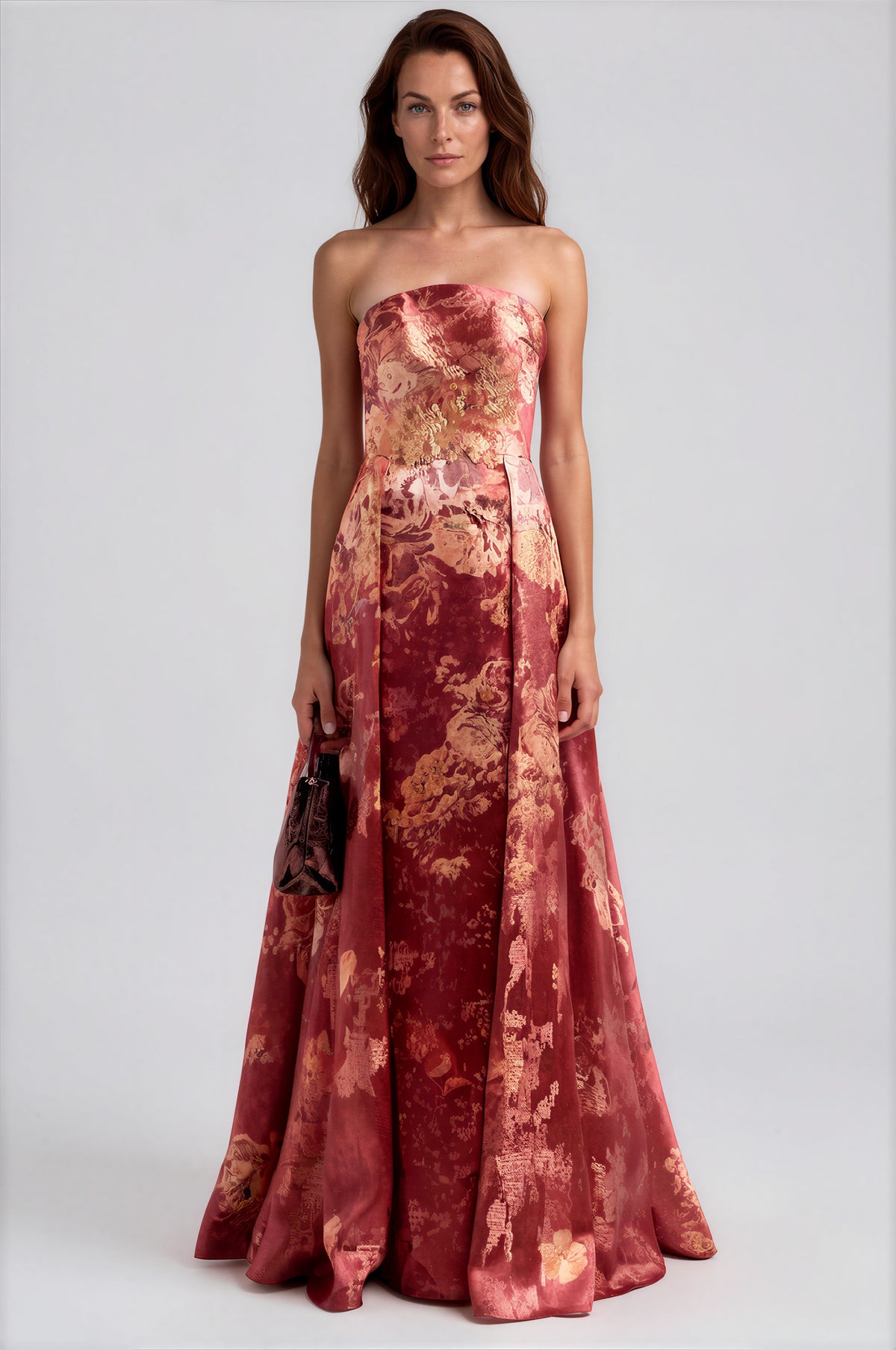 Strapless Metallic Jacquard Pleated Skirt A-Line Gown Gown Rene Ruiz Collection