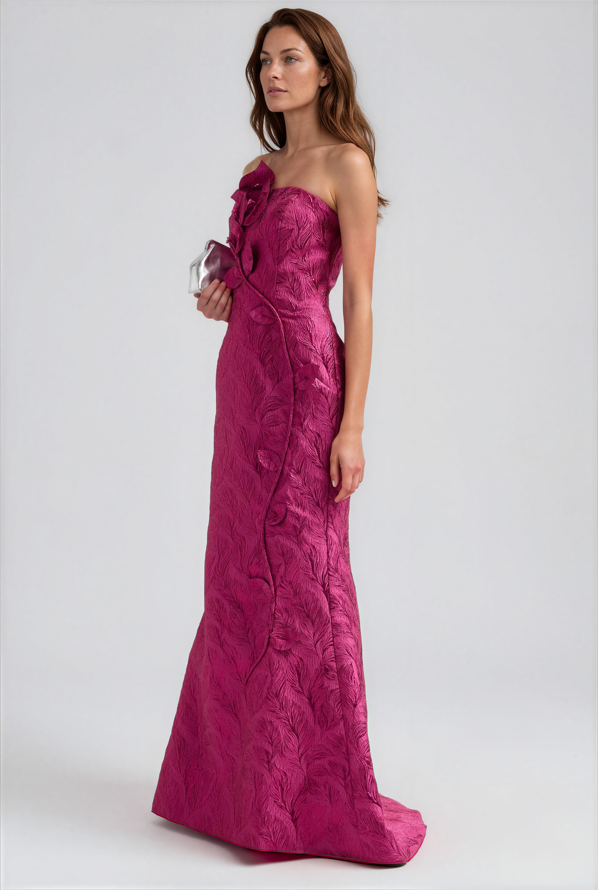 Strapless 3D Floral Textured Crepe Fit and Flare Gown Gown Rene Ruiz Collection