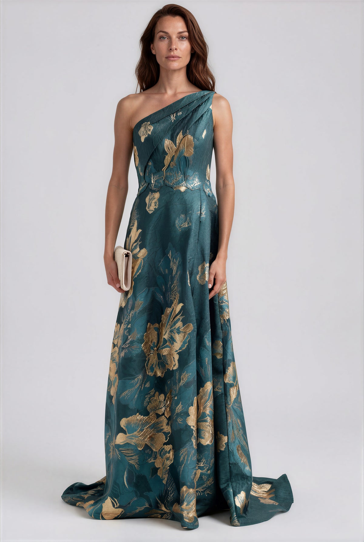One Shoulder Metallic Floral Jacquard Front Slit A-Line Gown Gown Rene Ruiz Collection