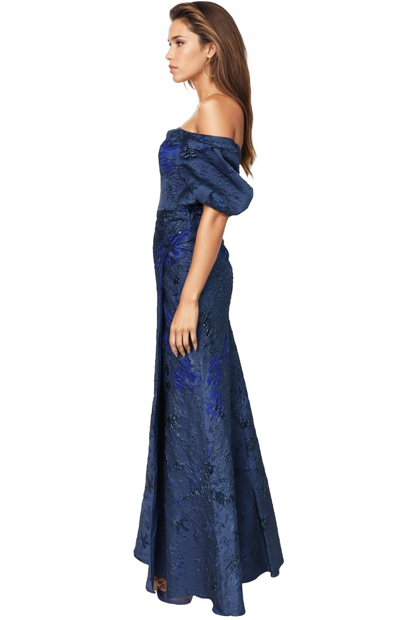 Off The Shoulder Gathered Puff Sleeve Brocade Gown with Notched Neckline Gown Rene Ruiz Collection
