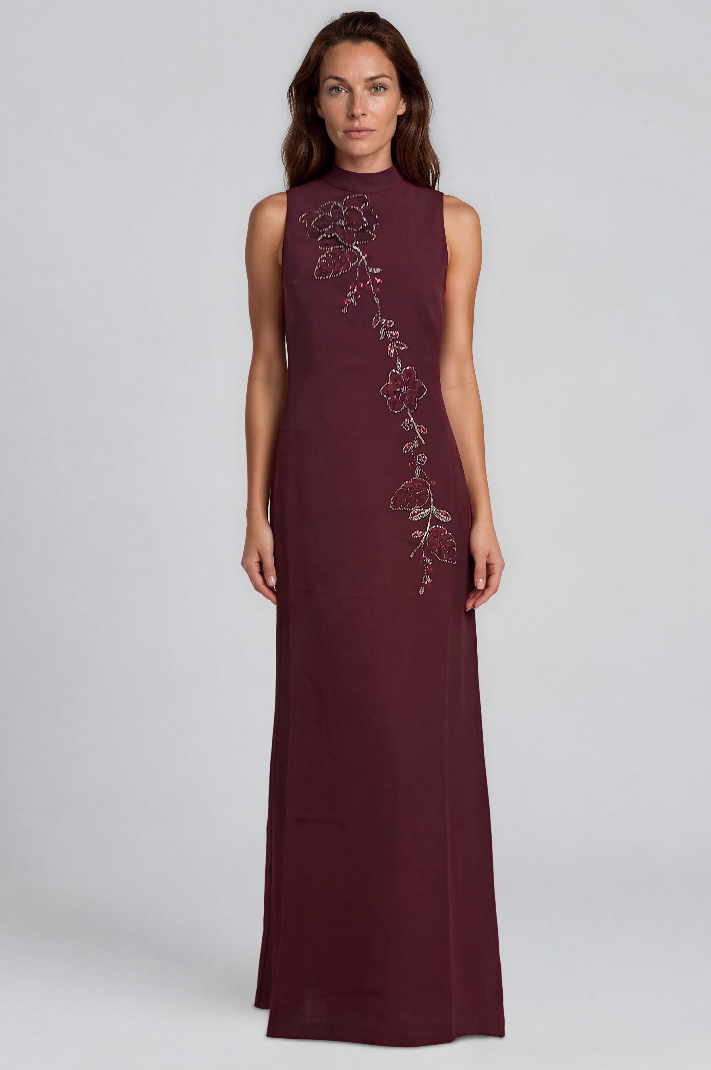 Floral Beaded Column Crepe Gown Gown Rene Ruiz Collection