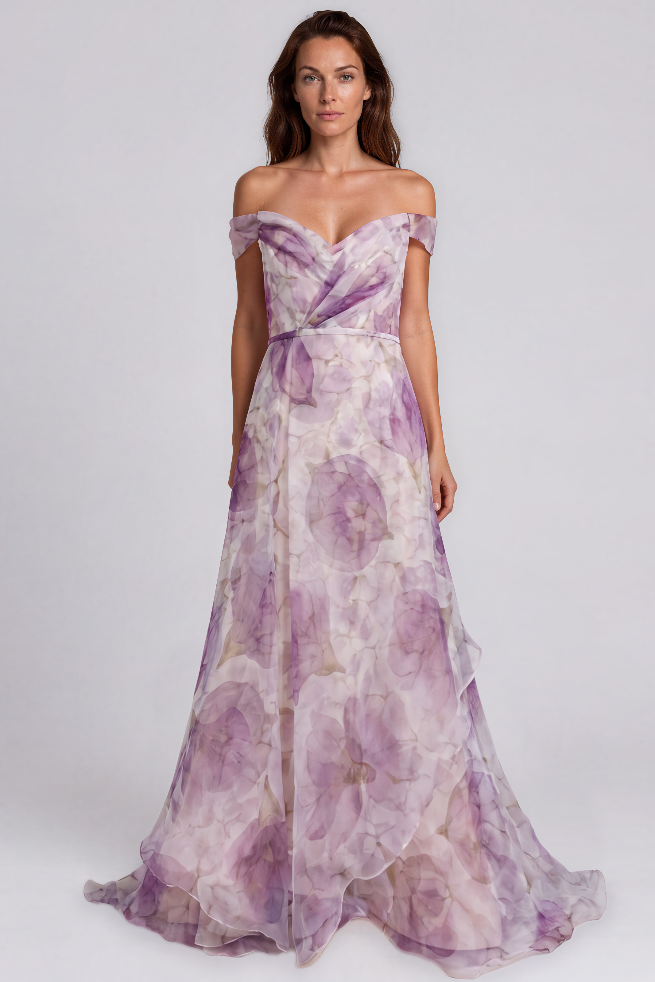 Off The Shoulder Draped Bodice Printed Organza A-Line Gown Gown Rene Ruiz Collection
