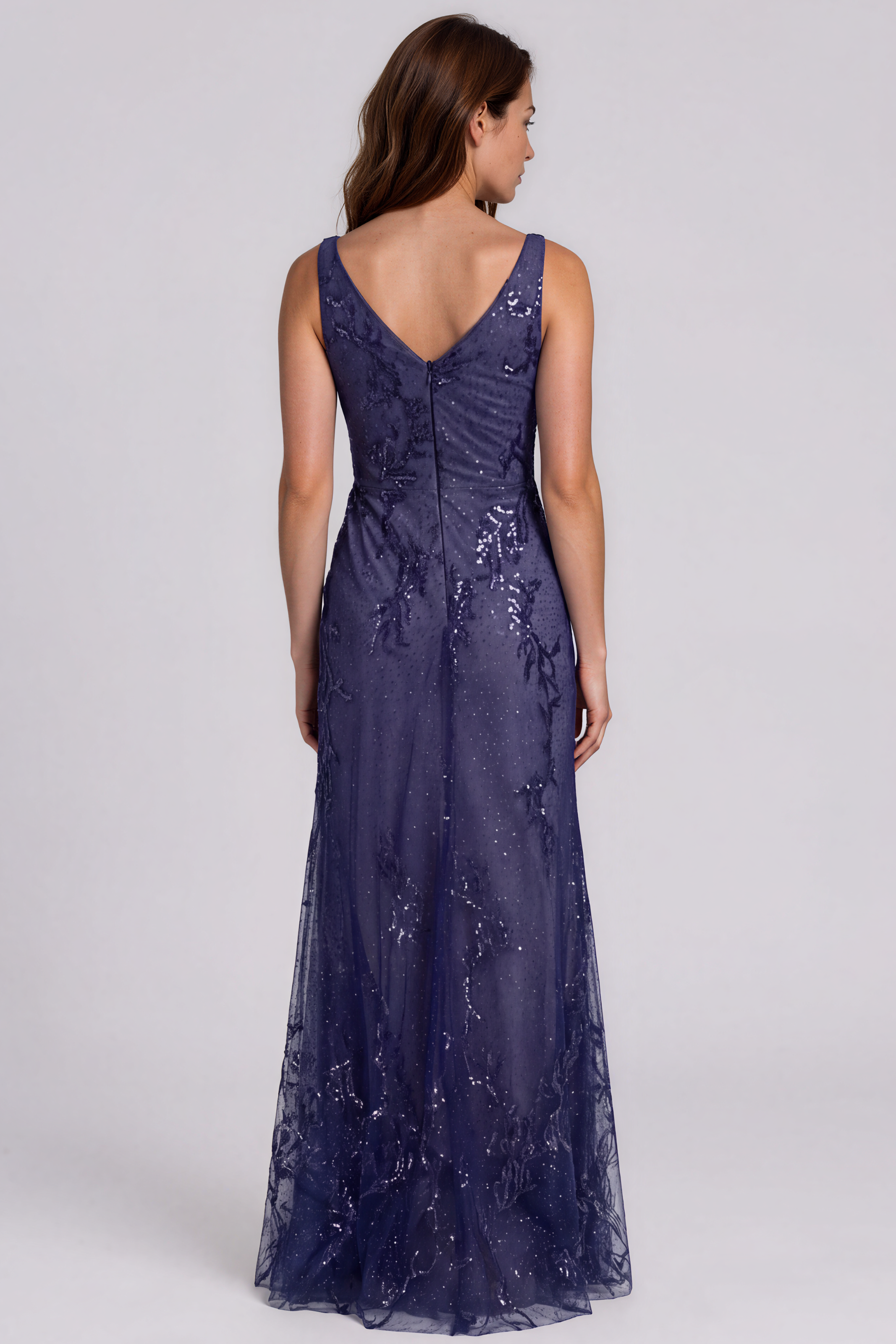 V-Neck Sequin Embellished Tulle Fit and Flare Gown Gown Rene Ruiz Collection