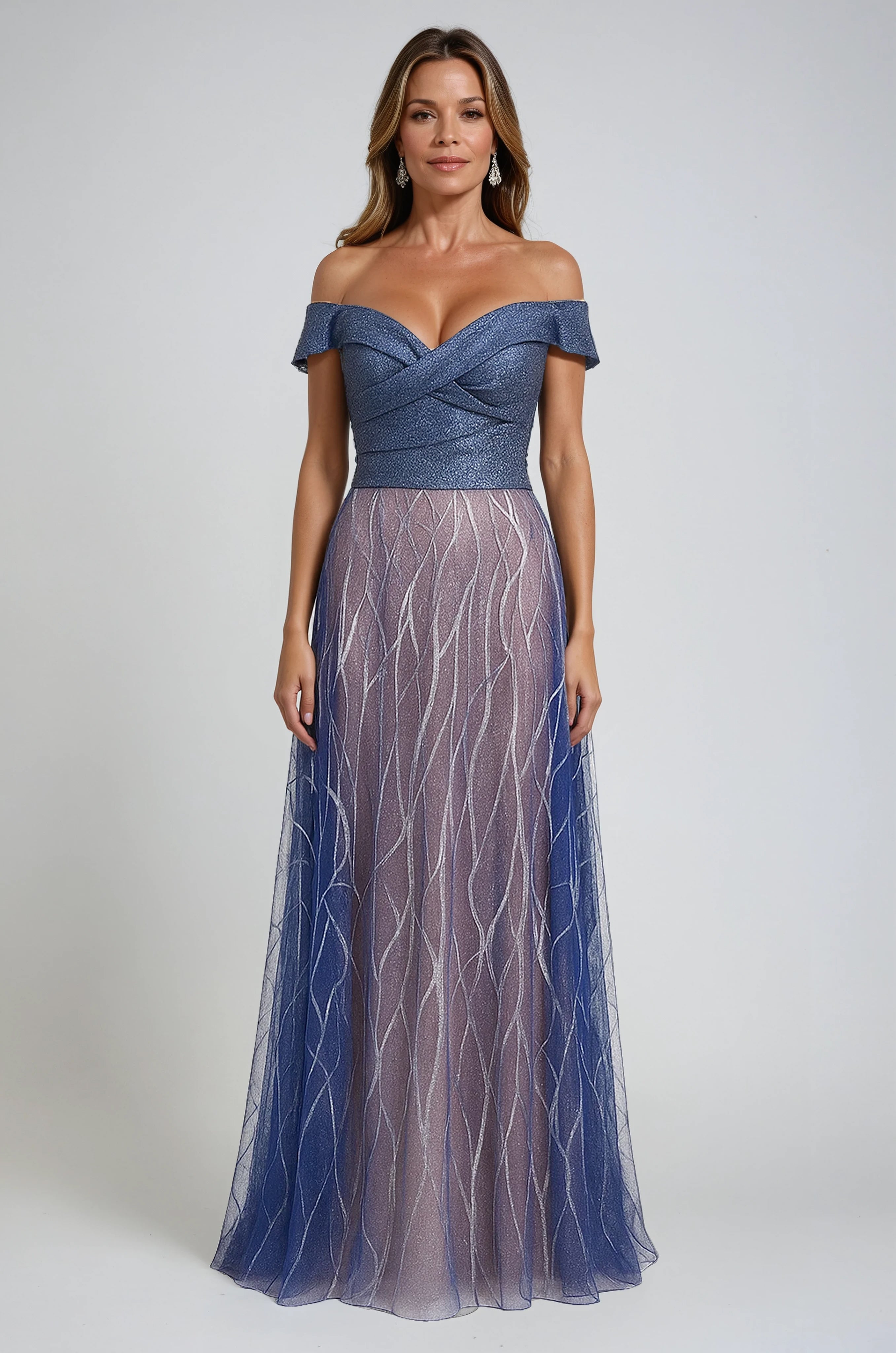 Banded Off The Shoulder Metallic Tulle Gown