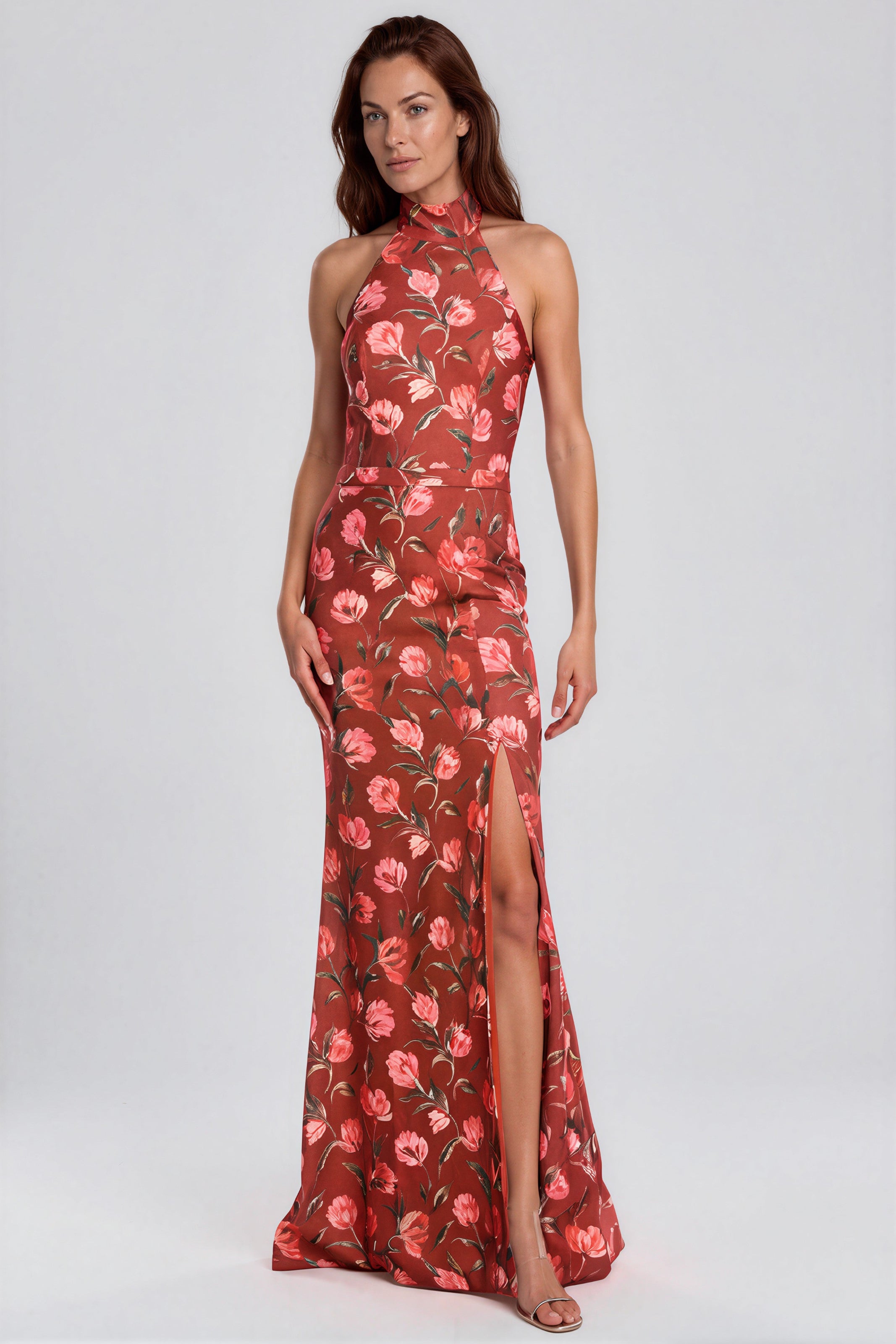 Floral Print Crepe Halter Fit and Flare Gown with Front Slit Gown Rene Ruiz Collection