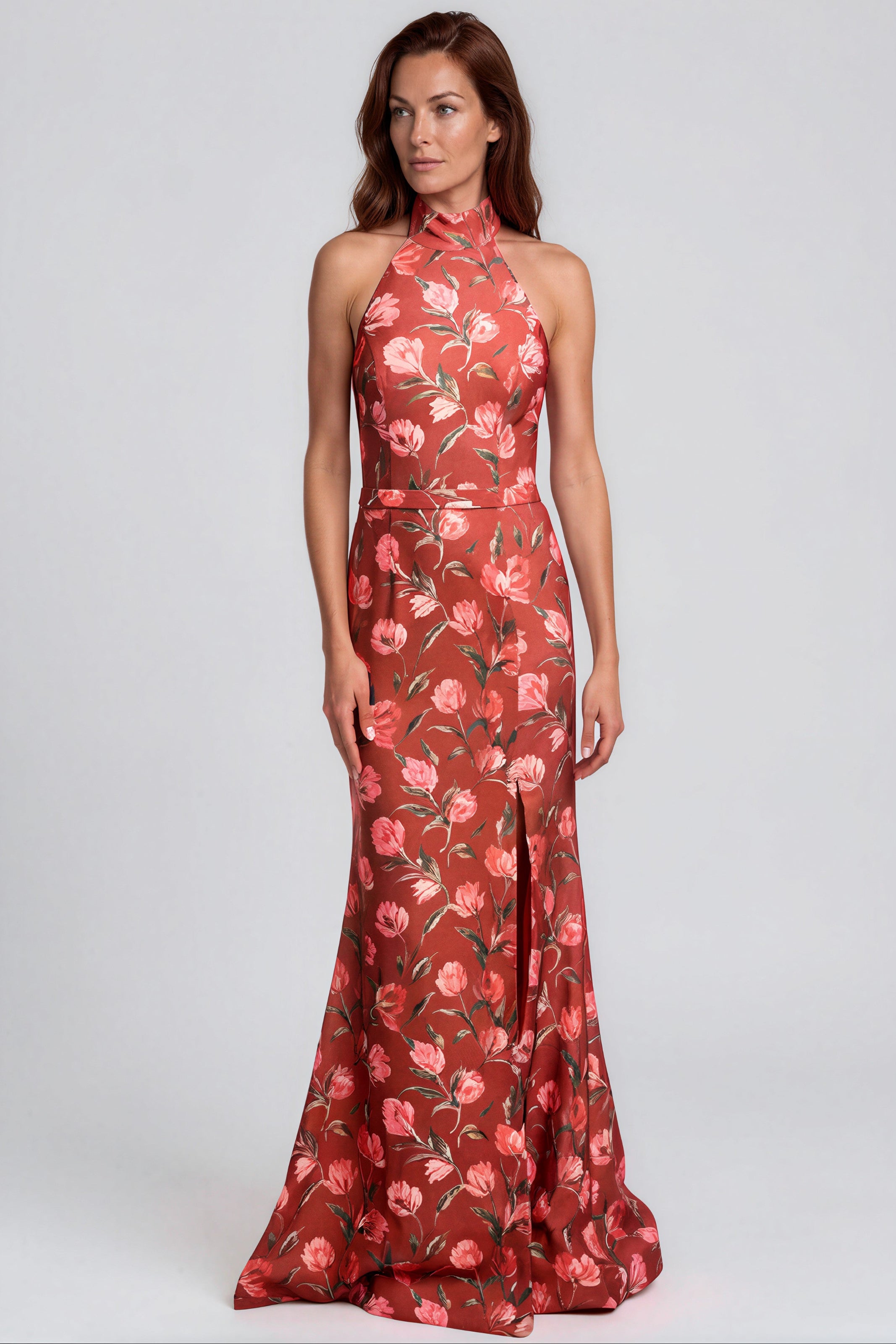 Floral Print Crepe Halter Fit and Flare Gown with Front Slit Gown Rene Ruiz Collection