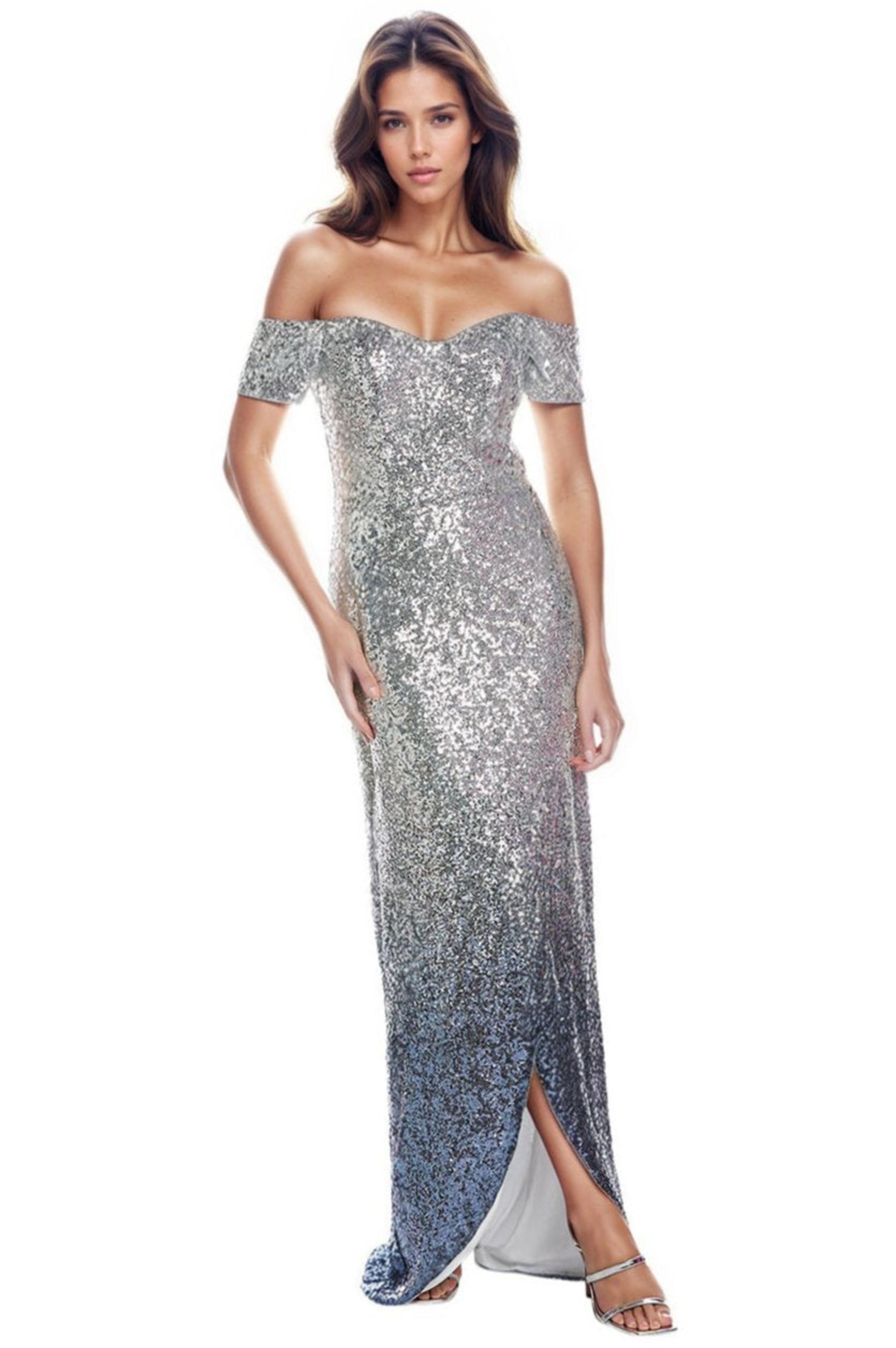 Off The Shoulder Sweetheart Sequin Column Gown Gown Rene Ruiz Collection