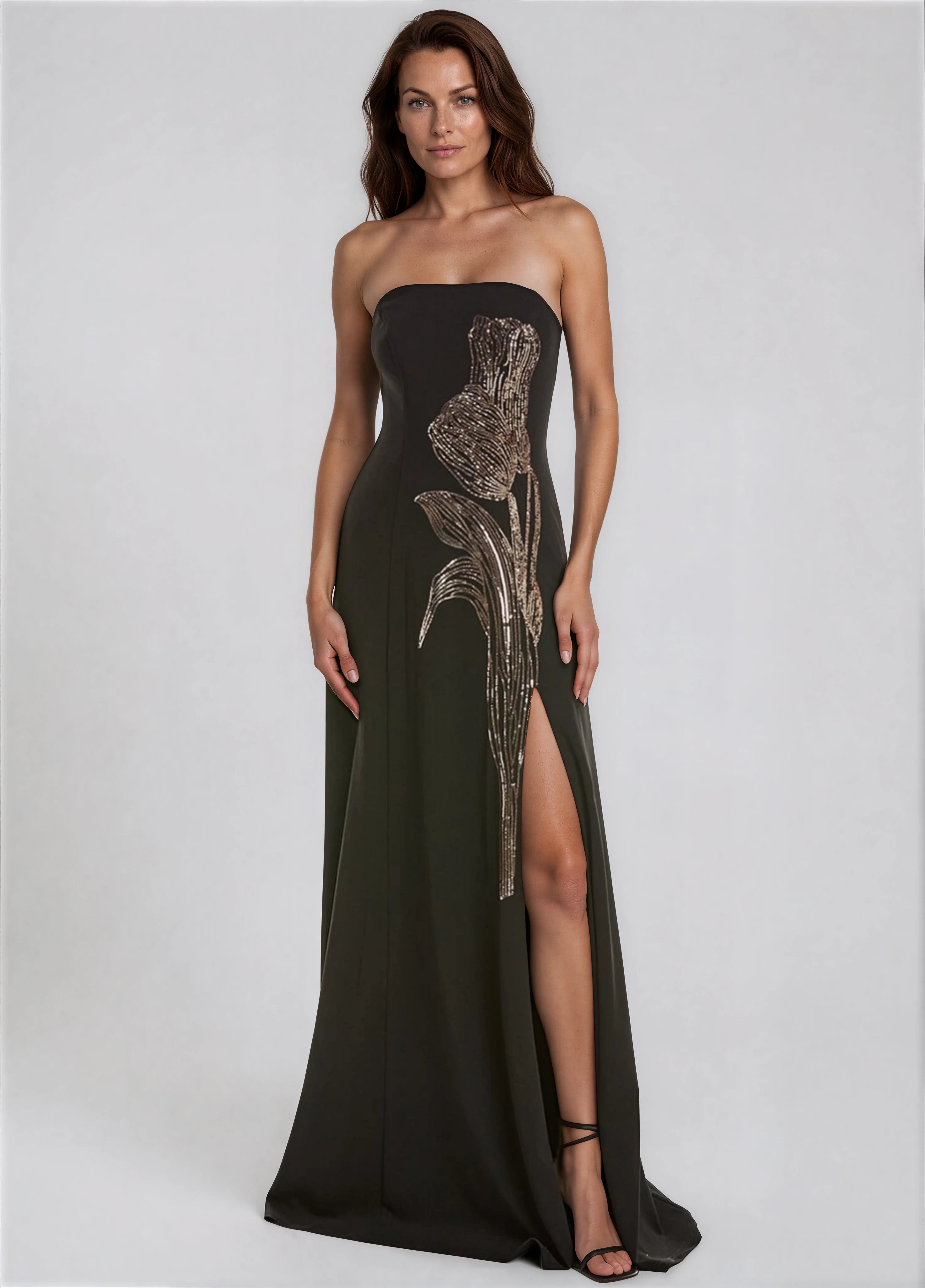 Strapless Sequin Floral Appliqué Crepe Column Gown With Front Slit Gown Rene Ruiz Collection