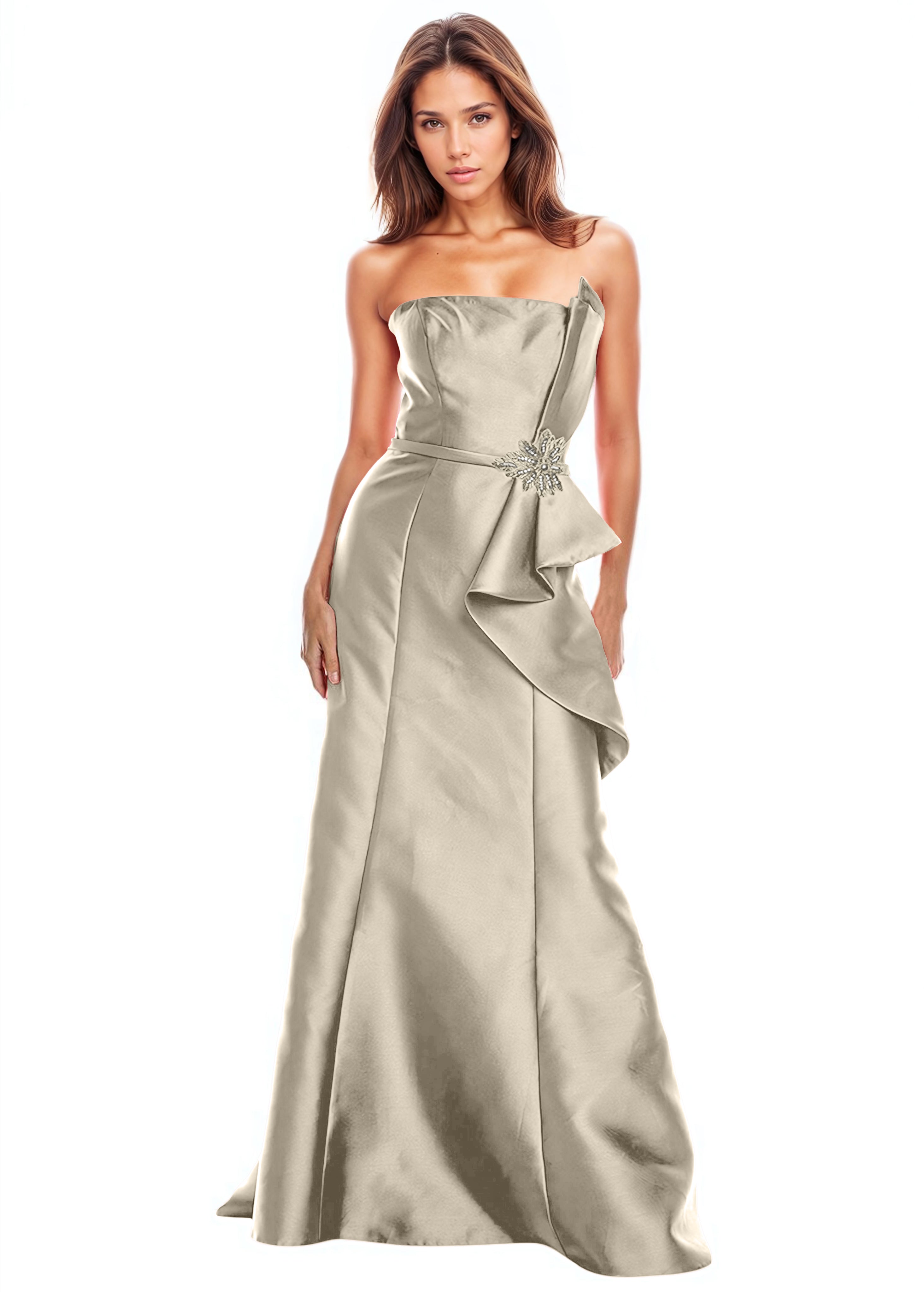 Strapless Ruffle Bow A-Line Gown Gown Rene Ruiz Collection 2 Champagne