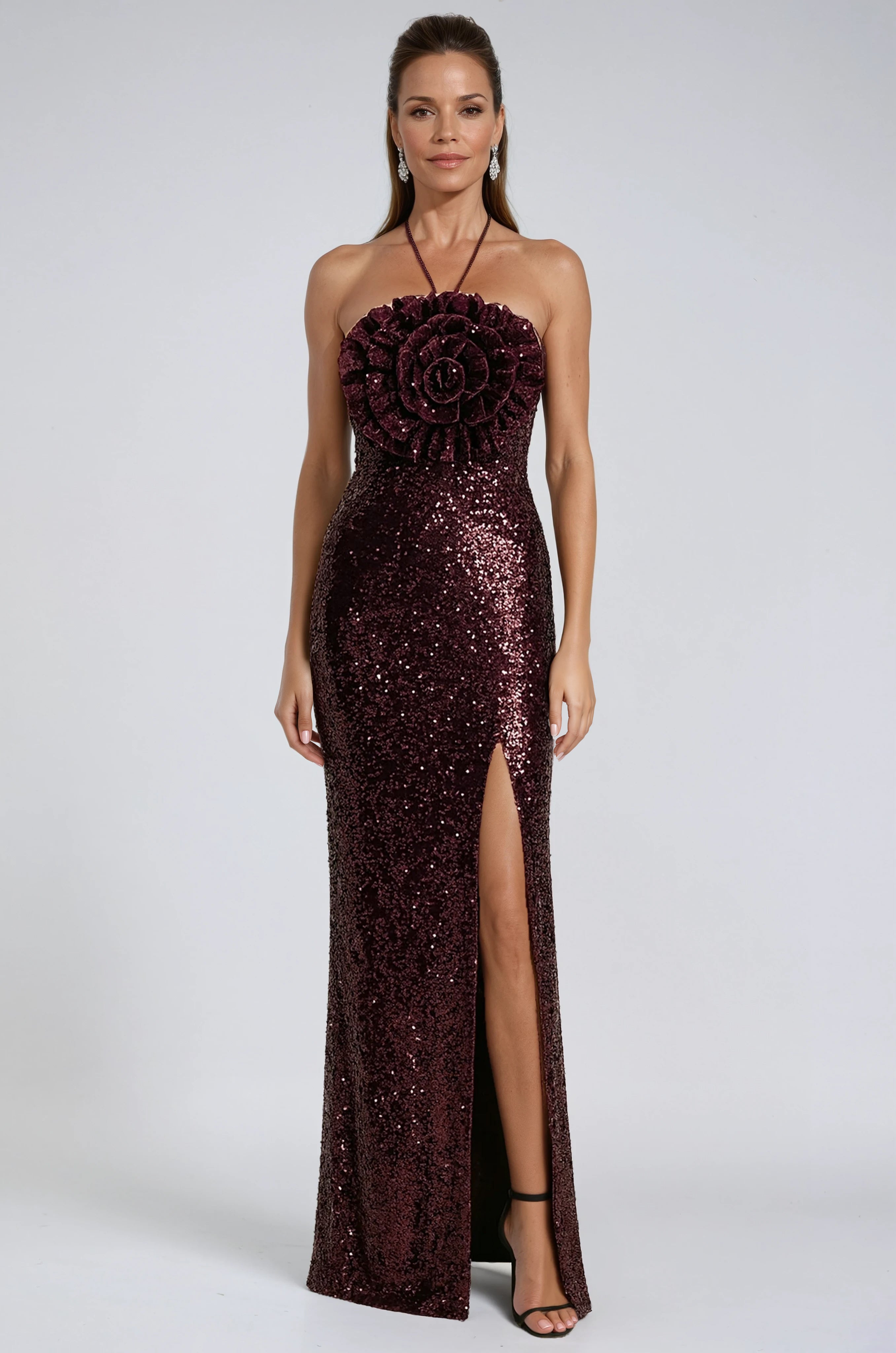 Halter Rosette Sequin Column Gown