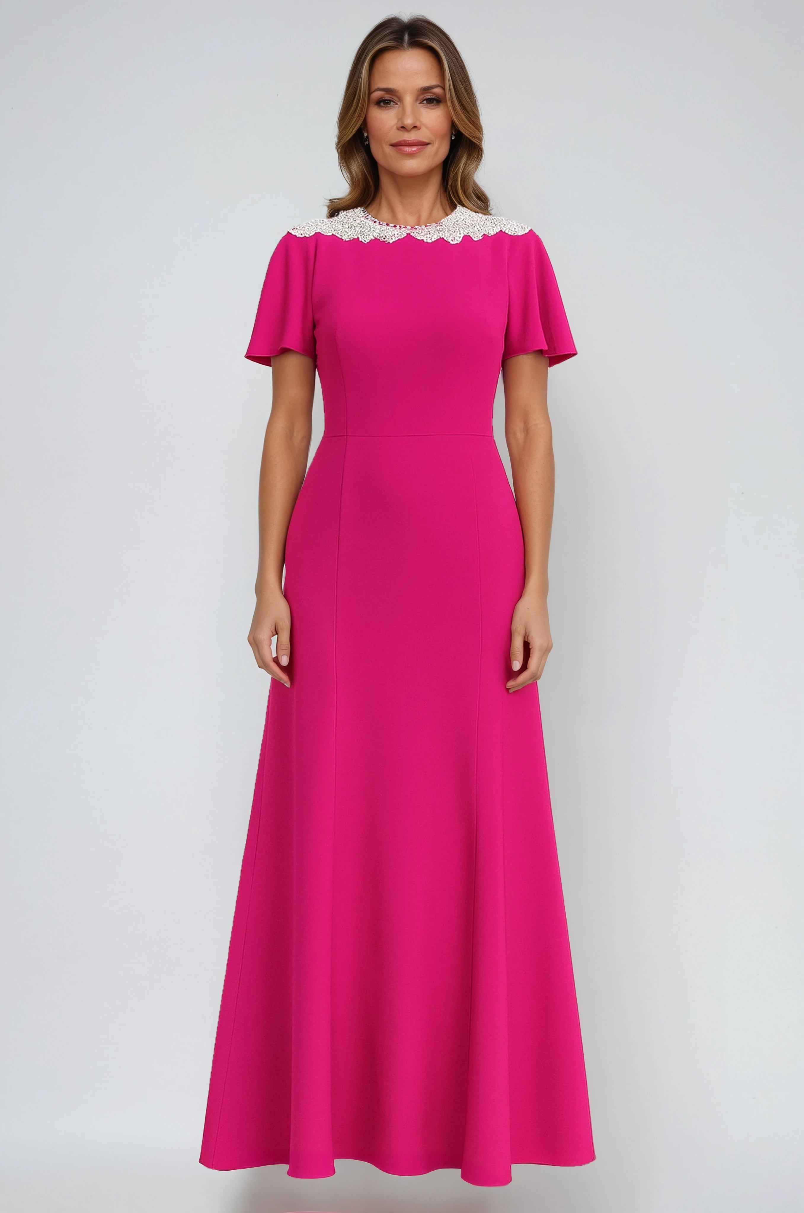 Crepe Flutter Sleeve Beaded Collar Gown Gown Rene Ruiz Collection