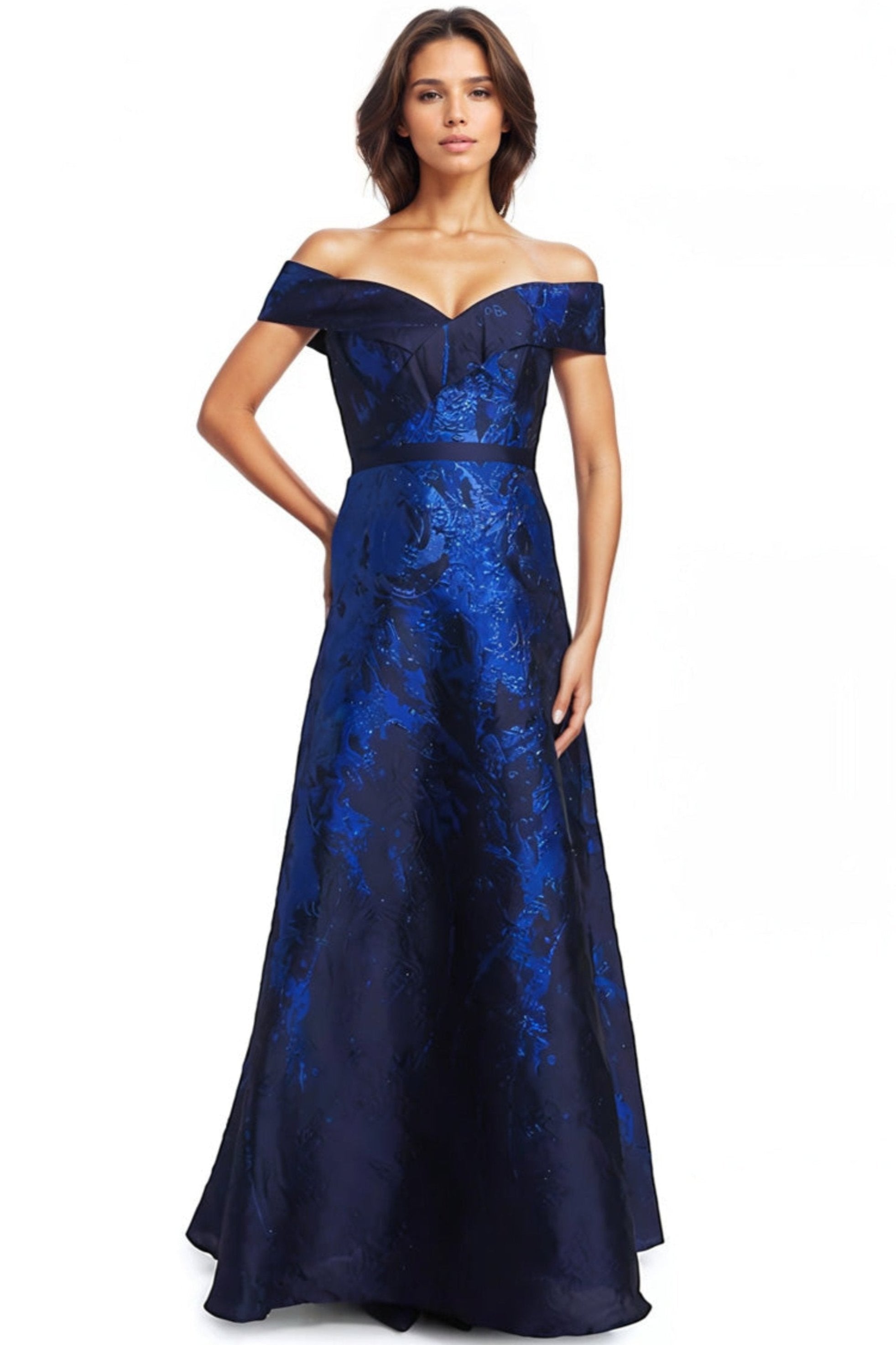 Off the Shoulder Brocade A-line Gown Gown Rene Ruiz Collection