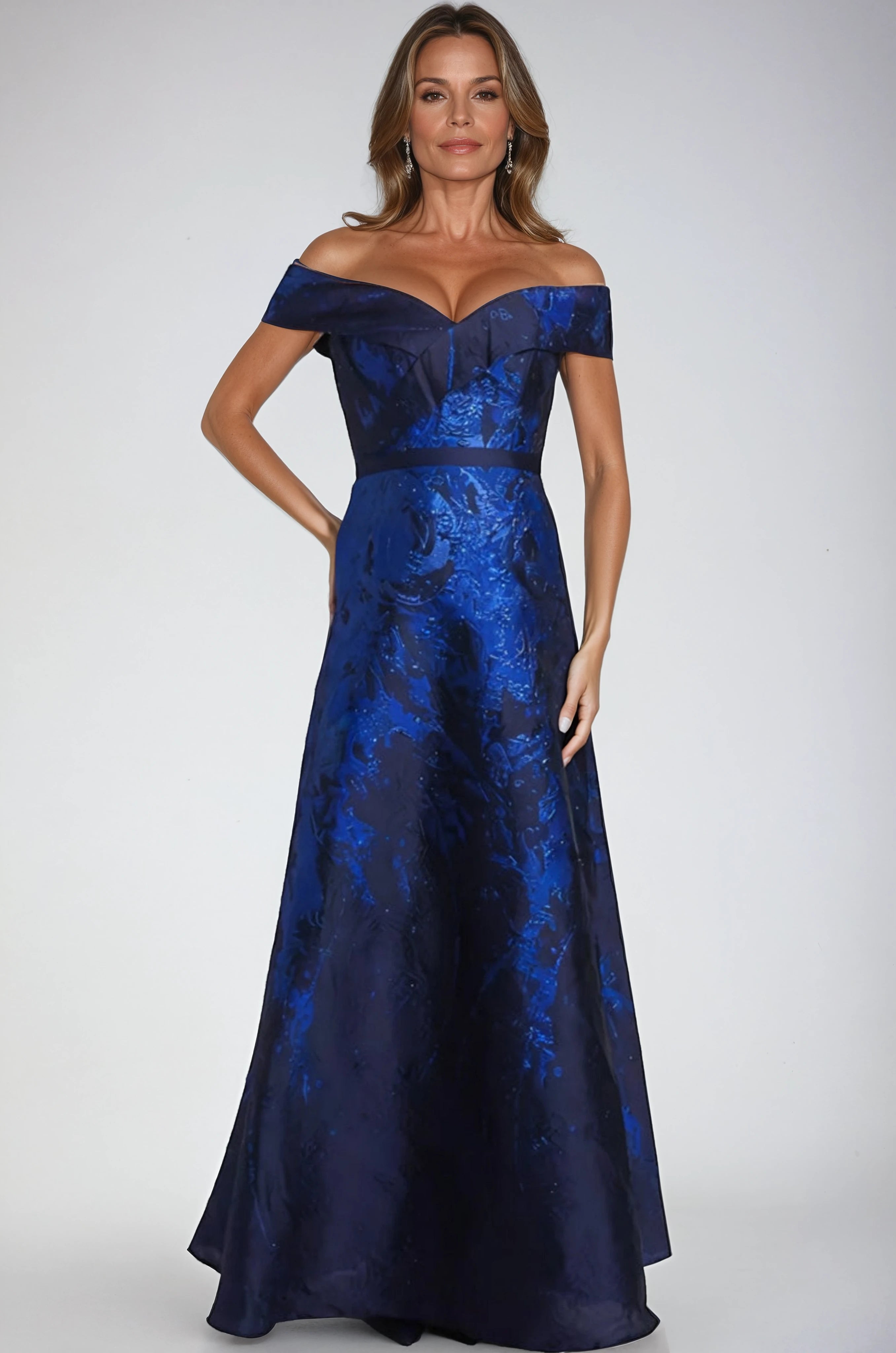 Off the Shoulder Brocade A-line Gown Gown Rene Ruiz Collection