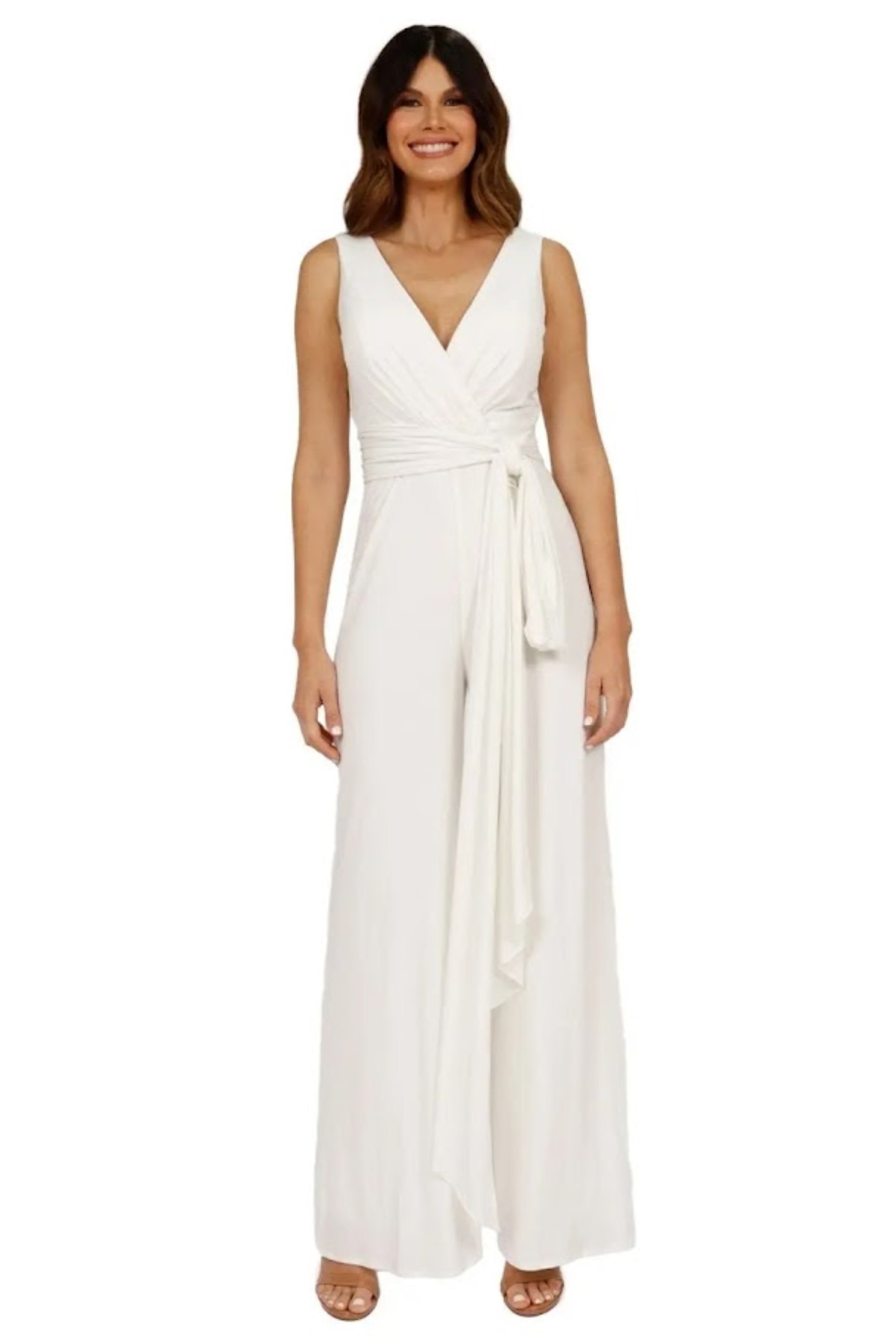 Sleeveless V-Neck Draped Jersey Knit Jumpsuit with Sash Belt Jumpsuit Rene Ruiz Collection