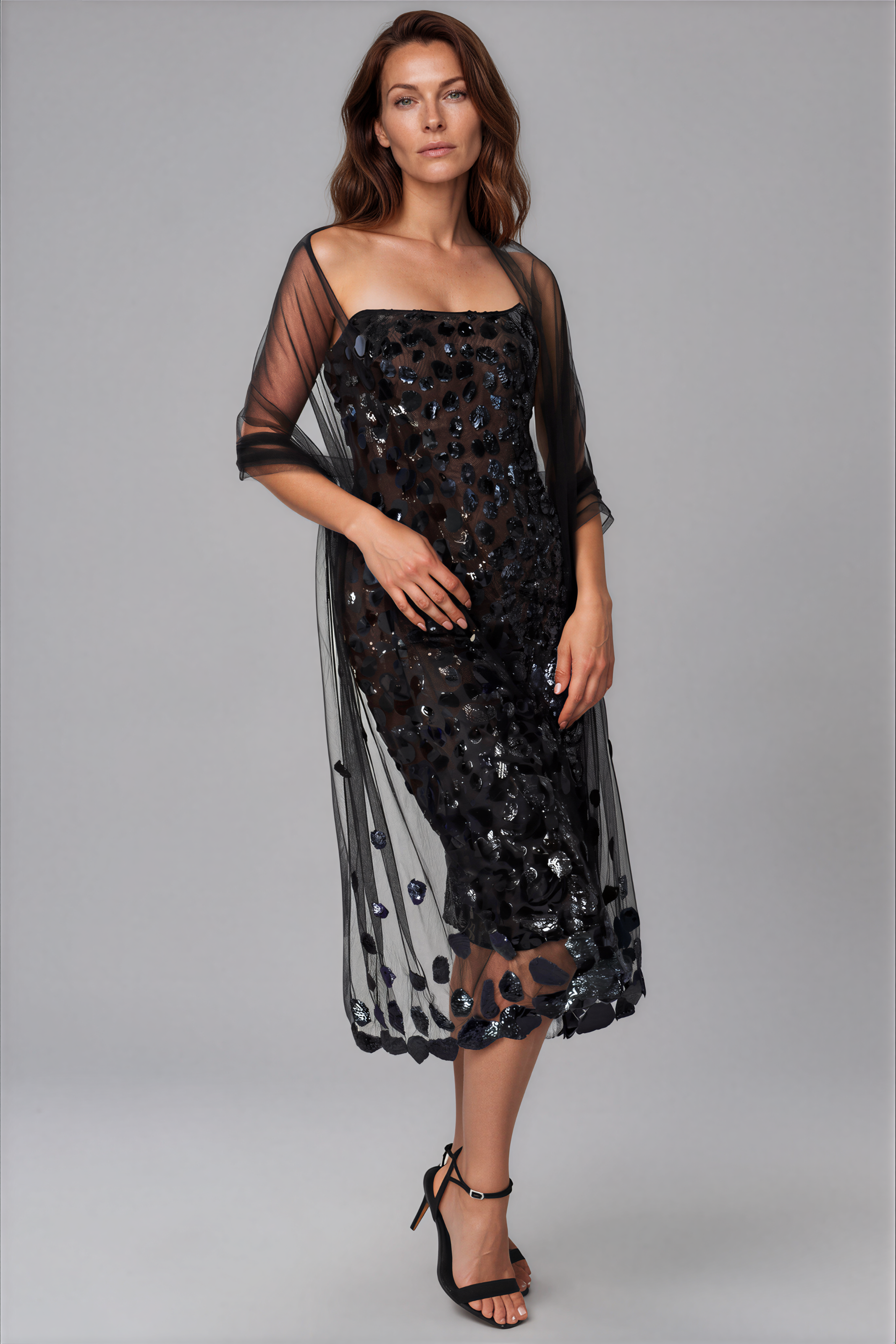Embroidered Tulle Shawl Accessory Rene Ruiz Collection Navy