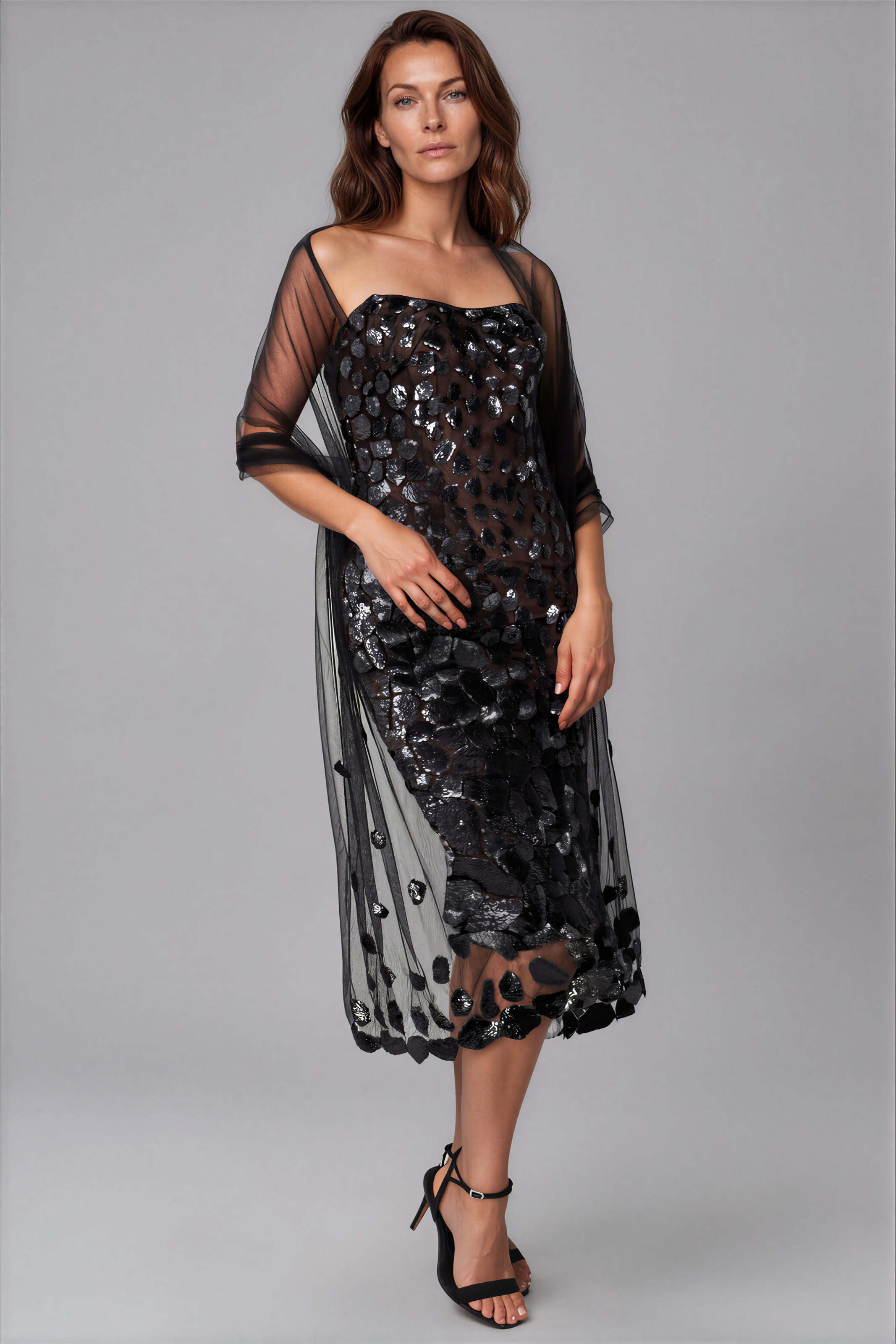 Embroidered Tulle Shawl Accessory Rene Ruiz Collection Silver