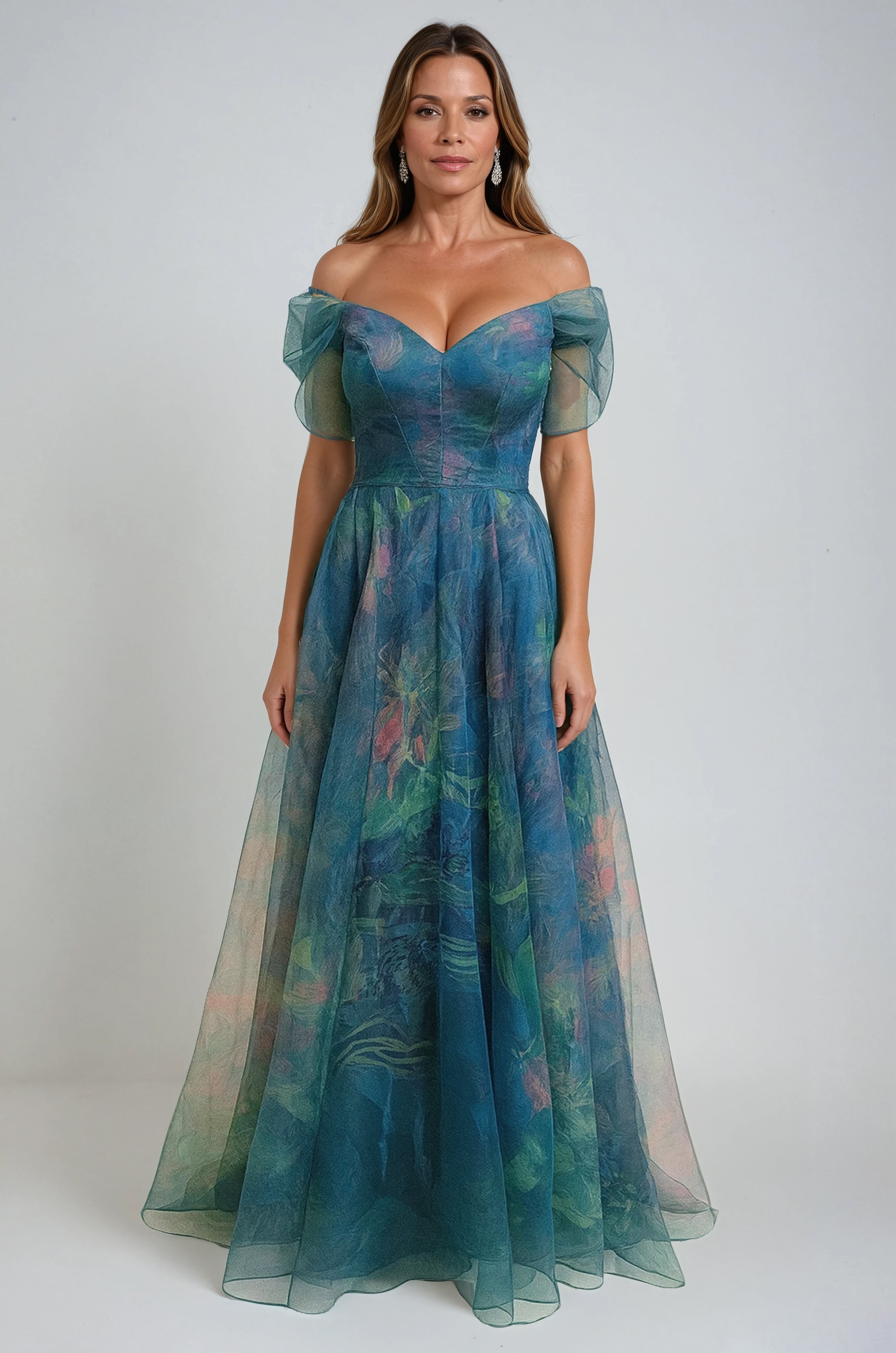 Wrap Sleeve Off The Shoulder Organza Gown Gown Rene Ruiz Collection