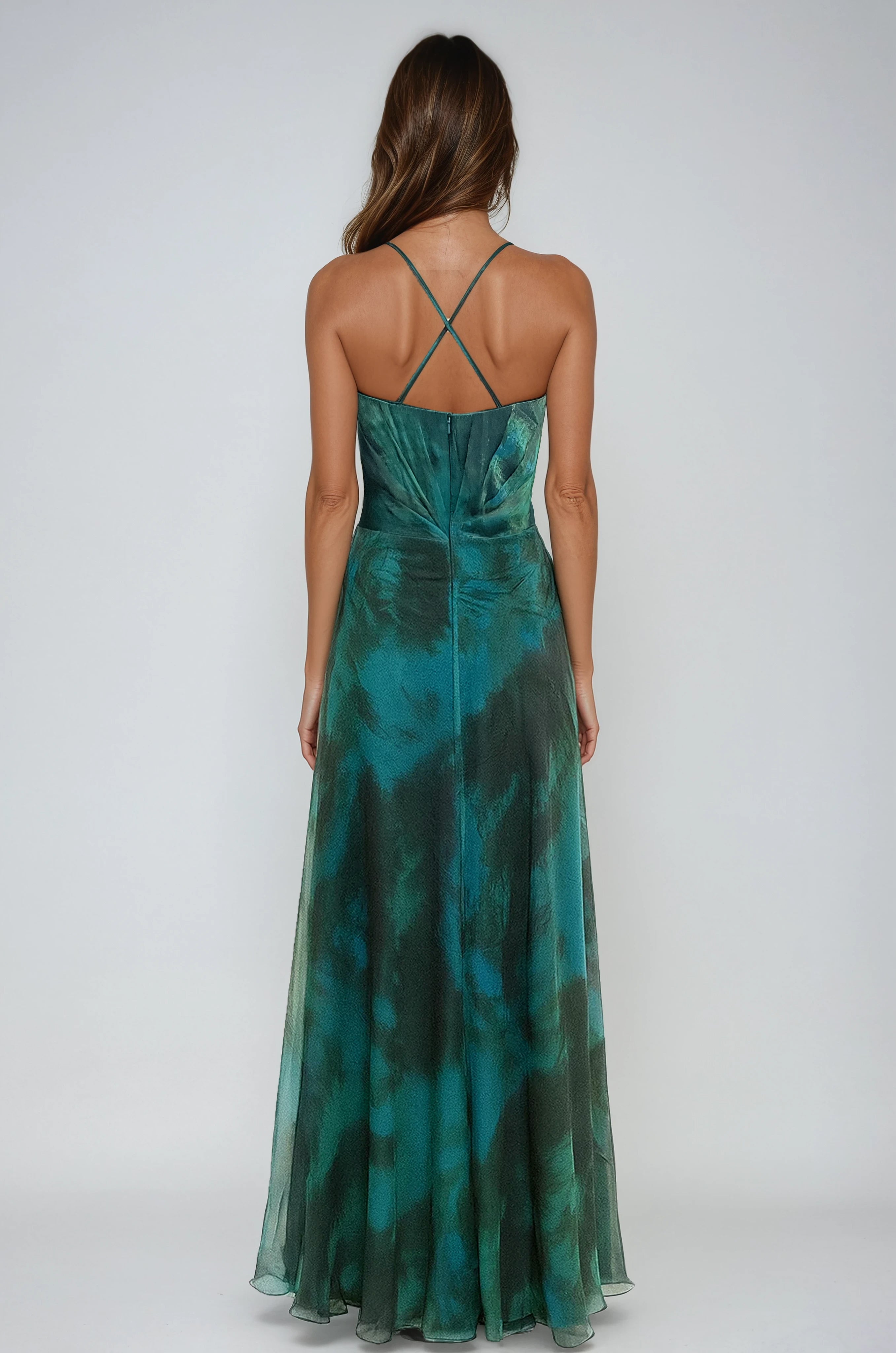 Plunging V-Neck Printed Chiffon A-Line Gown Gown Rene Ruiz Collection