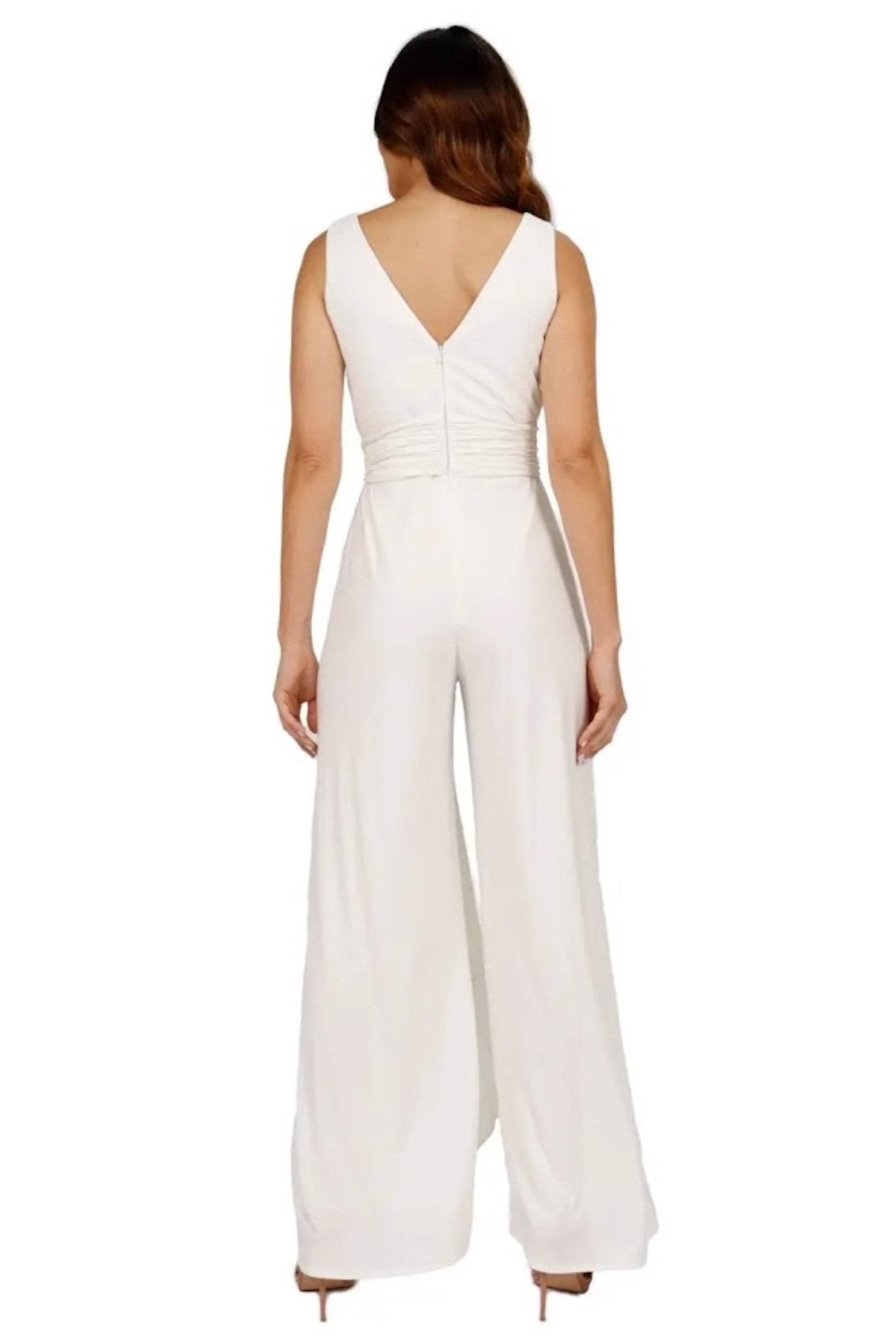 Sleeveless V-Neck Draped Jersey Knit Jumpsuit with Sash Belt Jumpsuit Rene Ruiz Collection