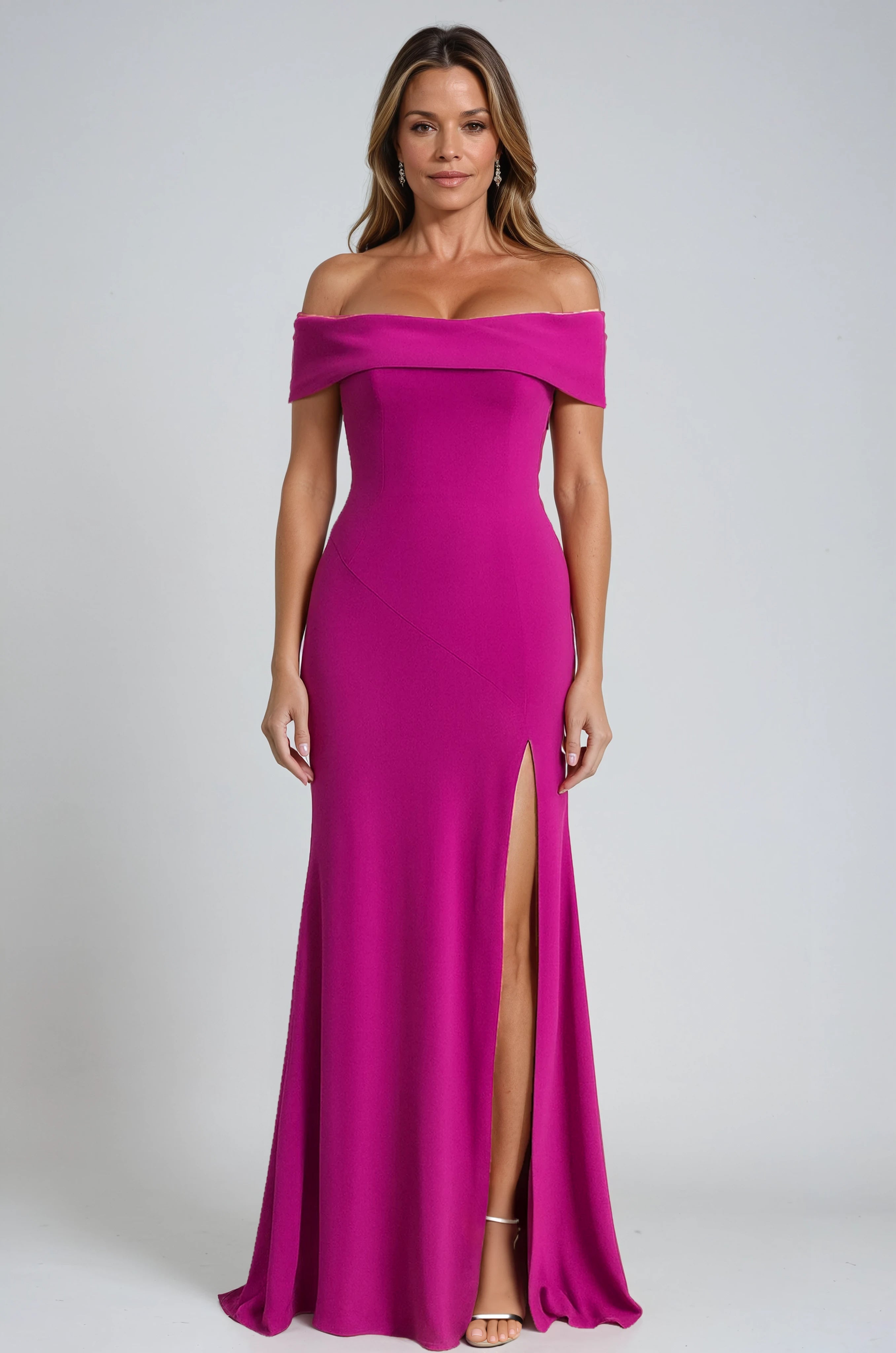 Off The Shoulder Fit And Flare Crepe Gown