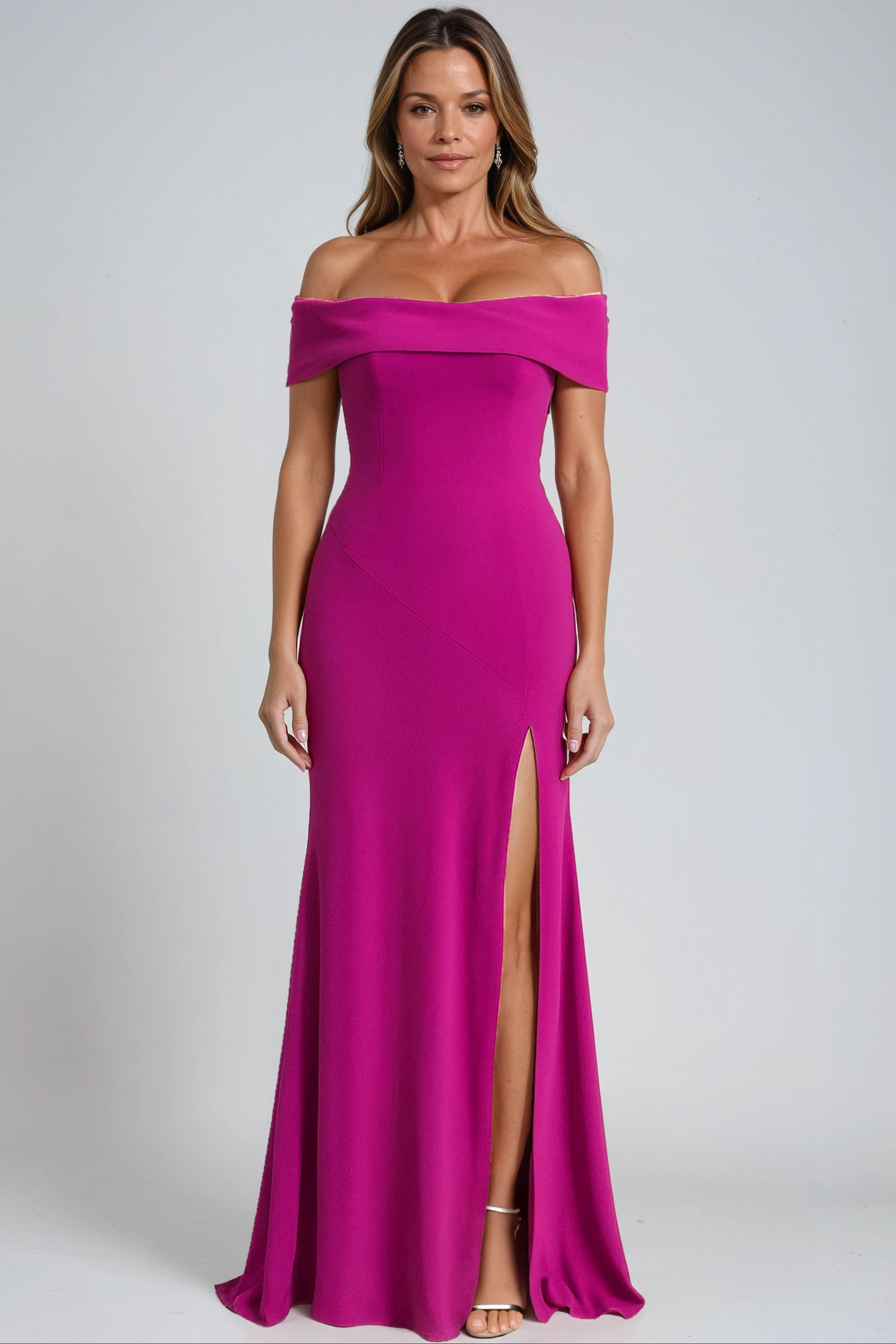 Off The Shoulder Fit And Flare Crepe Gown Gown Rene Ruiz Collection