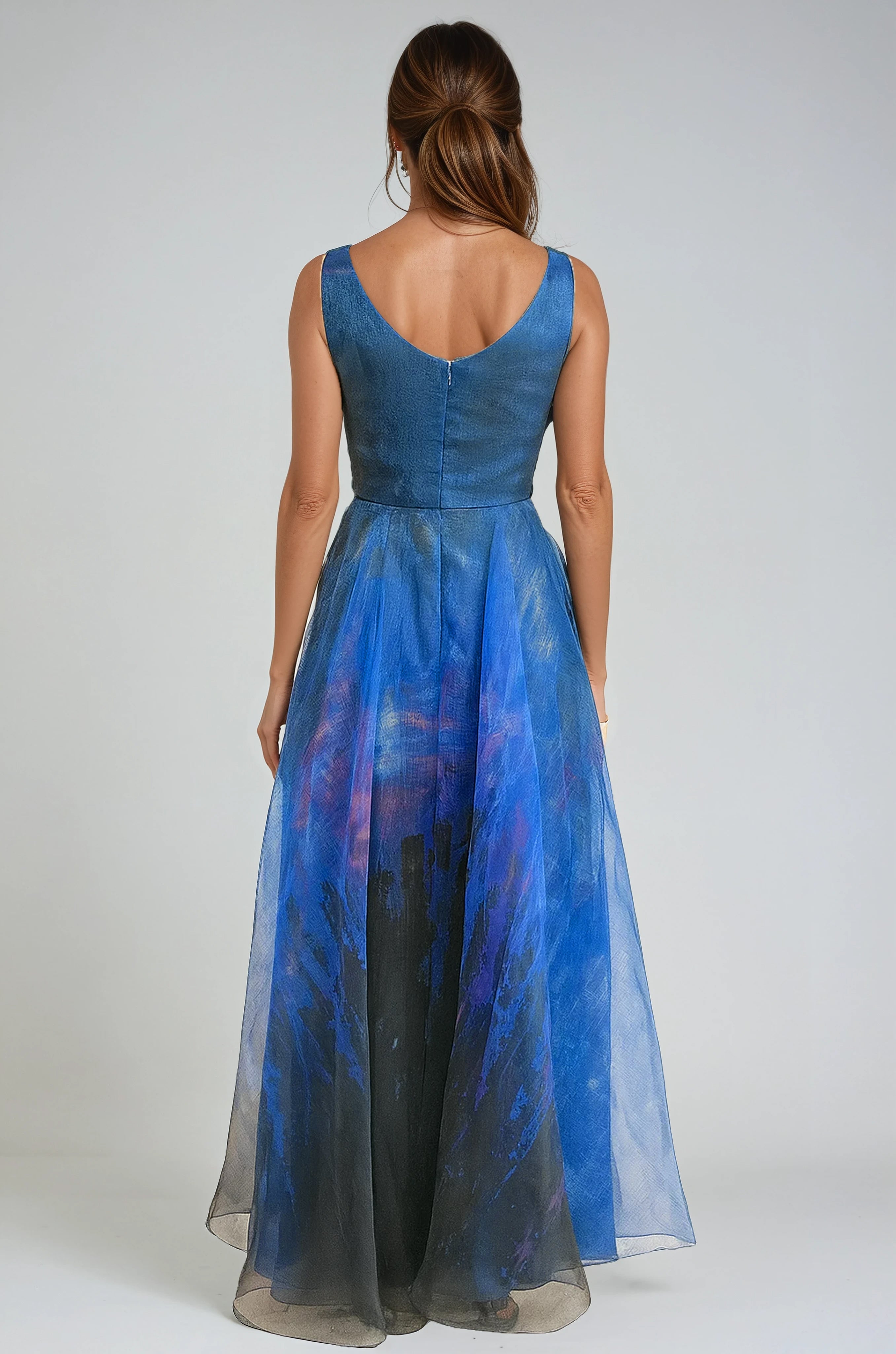 Sleeveless V-Neck Floral Print Organza Gown