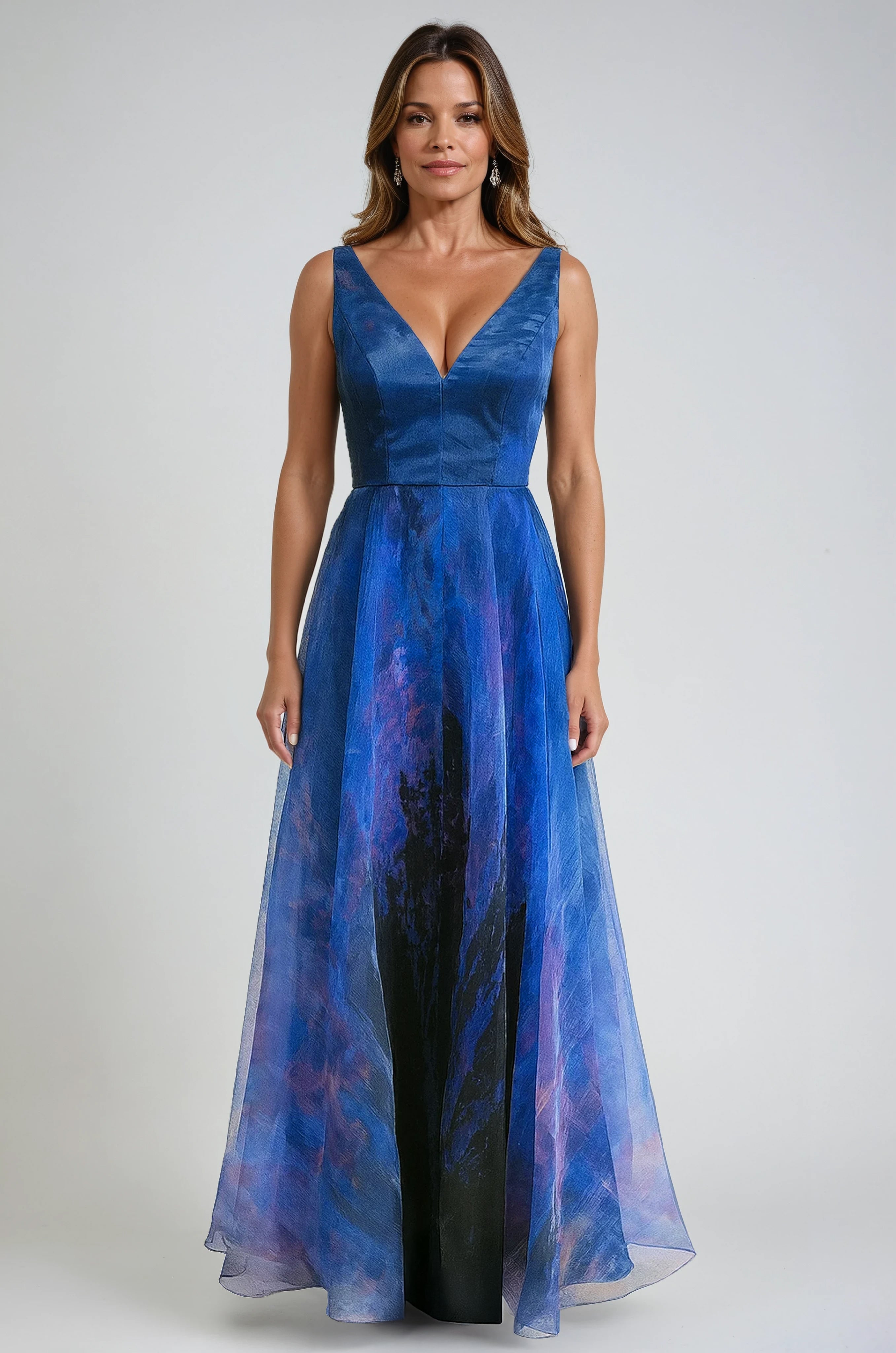 Sleeveless V-Neck Floral Print Organza Gown